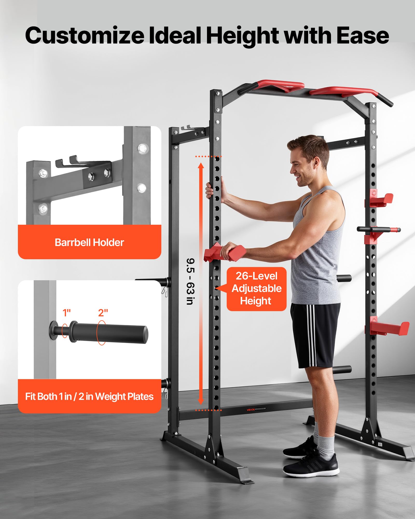 VEVOR Power Cage Power Rack, multifunktionales Squat-Rack mit Verstellbarer Höhe, Heimfitnessgerät für Krafttraining mit J-Haken & weiteren Fitnessaufsätzen für Bankdrücken Klimmzüge Dips