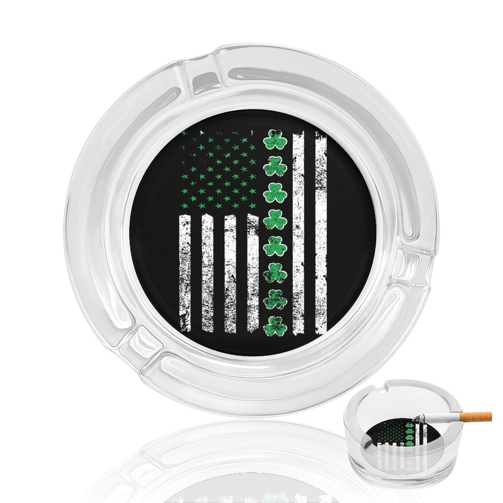 Retro Irish US Flag Stpatrick's Day Shamrock Clover Ashtray Portable Round Glass Outdoor Ash Tray for Home Office Garden Pub