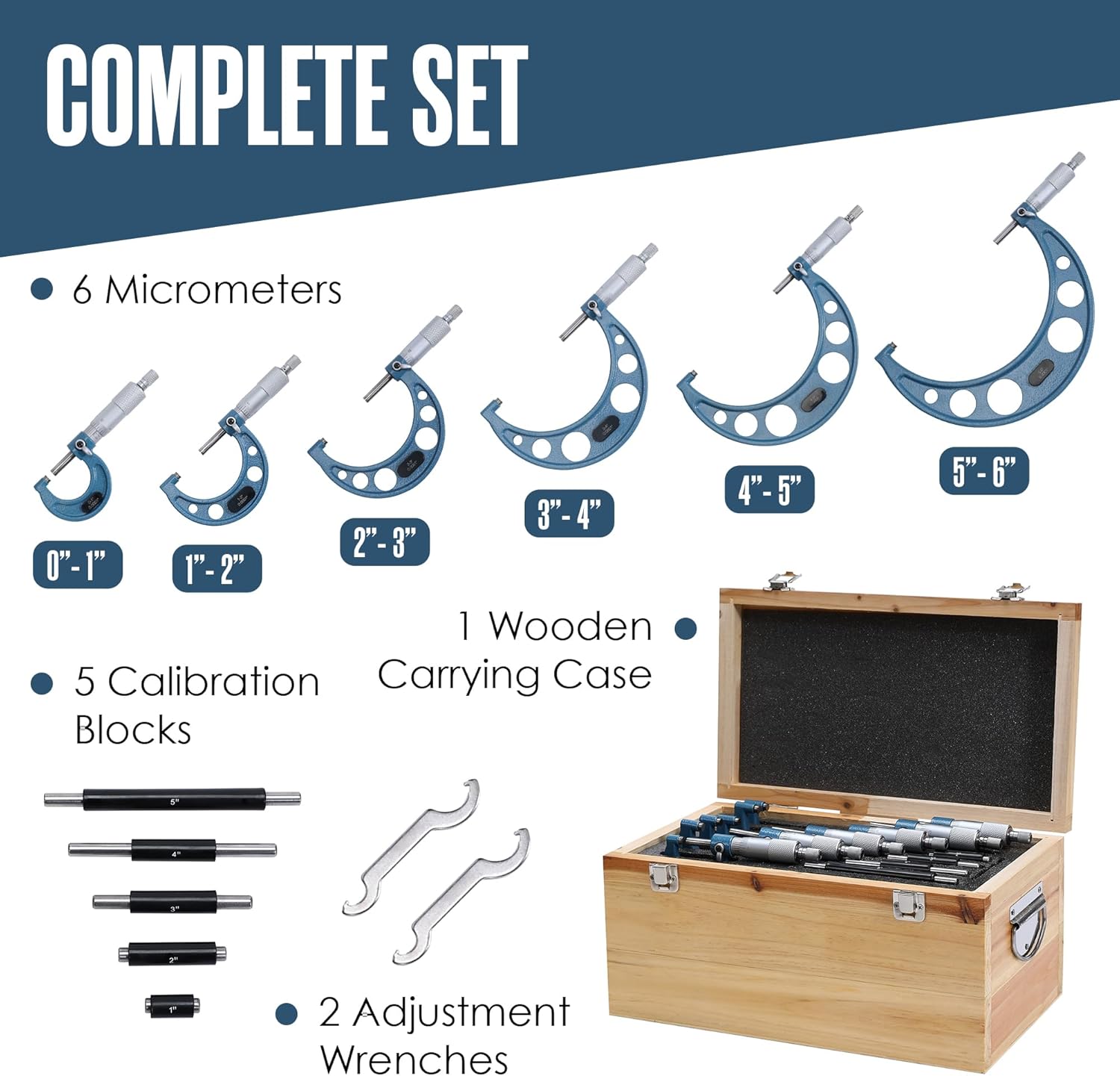 Houseables Micrometer, Outside Micrometer Set, Measuring Tool, 6 Pack & Accessories, 0-6” Range, Carbide Tips, Lockable, 0-1", 1-2", 2-3", 3-4", 4-5", 5-6", 0.0001" Graduation, With Calibration Blocks