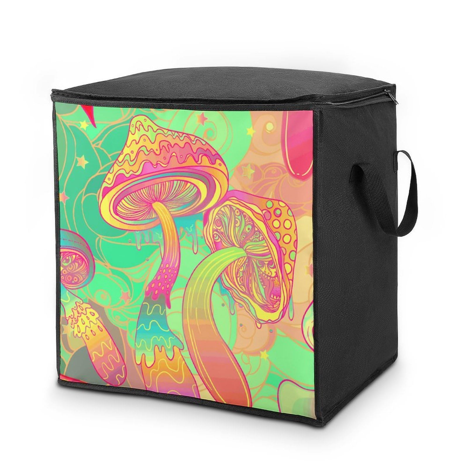 Lyfthologen 70L Storage Bags, Trippy Mushroom Storage Box with Lid Zipper And Handles, Clothes Bags for Quilt, Blankets, Bedding