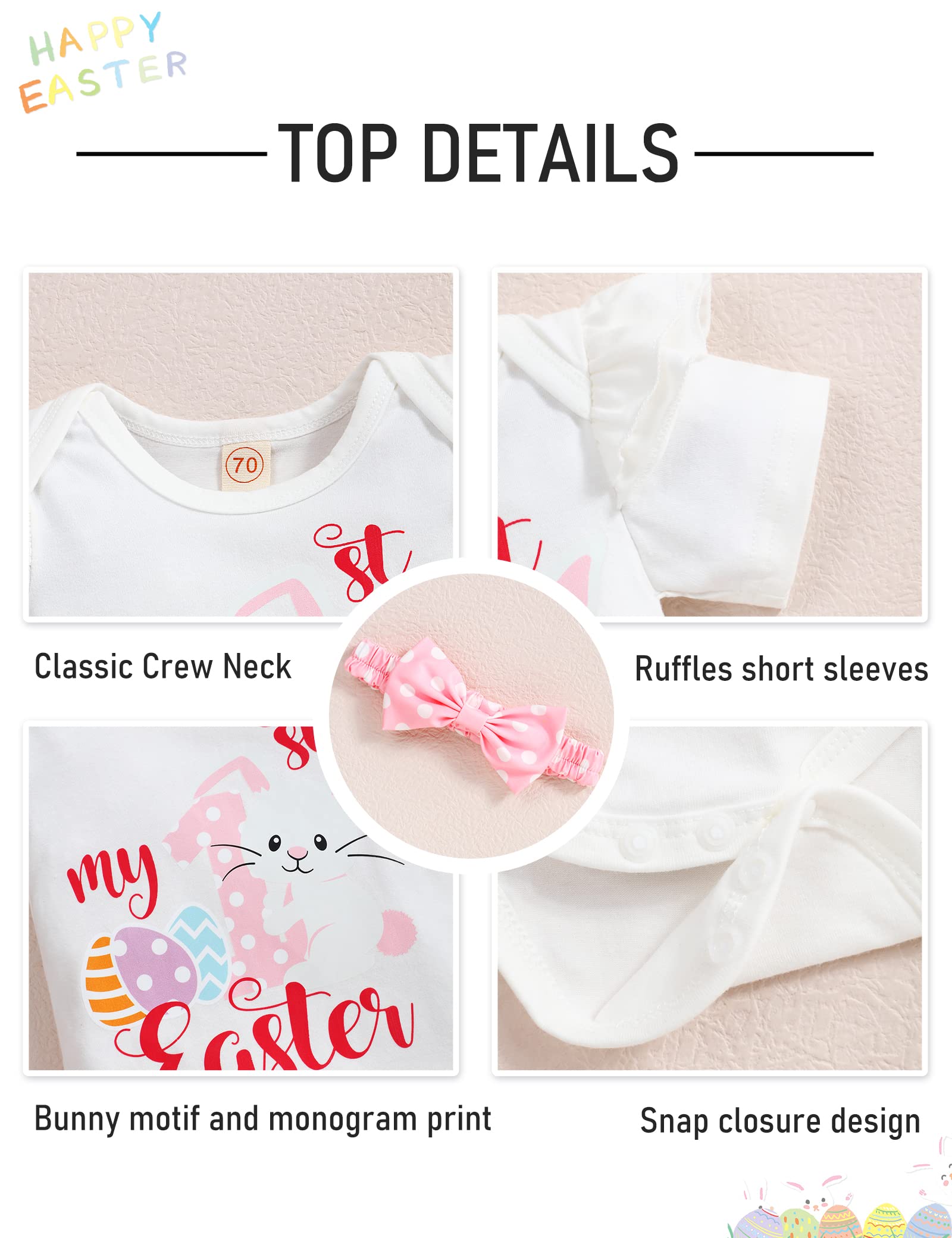 bilison My First Easter Outfits Newborn Easter Clothes Baby Girl Bunny Polka Dots Pant Romper Rabbit Hat Infant Clothing Set