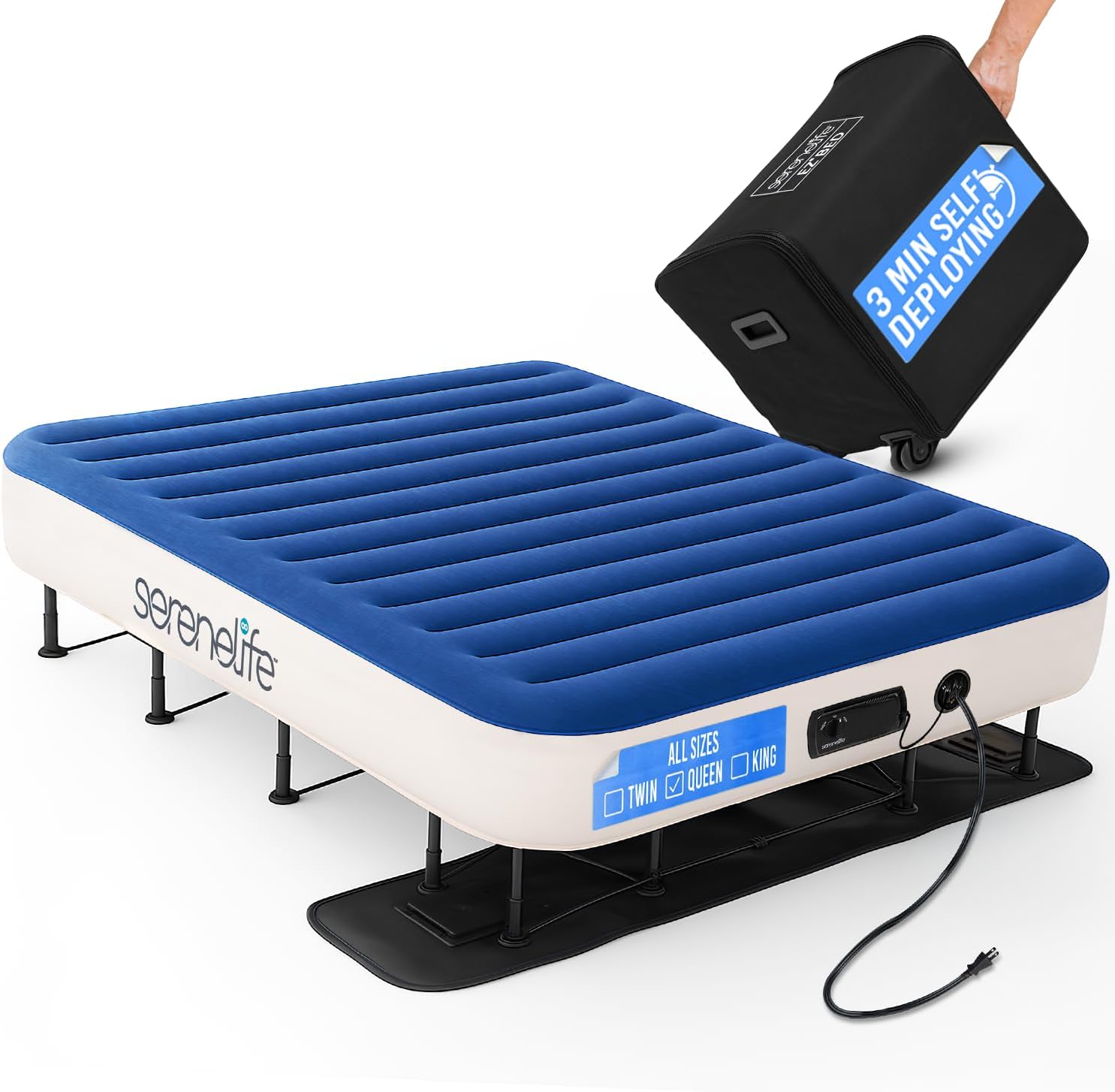 SereneLife EZ Bed Air Mattress with Frame and Rolling Case, Self-Inflating Airbed with Built in Pump for Travel and Hosting, Queen