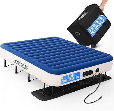 SereneLife EZ Bed Air Mattress with Frame and Rolling Case, Self-Inflating Airbed with Built in Pump for Travel and Hosting, Queen