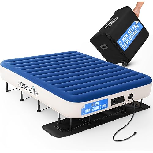 SereneLife EZ Bed Air Mattress with Frame and Rolling Case, Self-Inflating Airbed with Built in Pump for Travel and Hosting, Queen