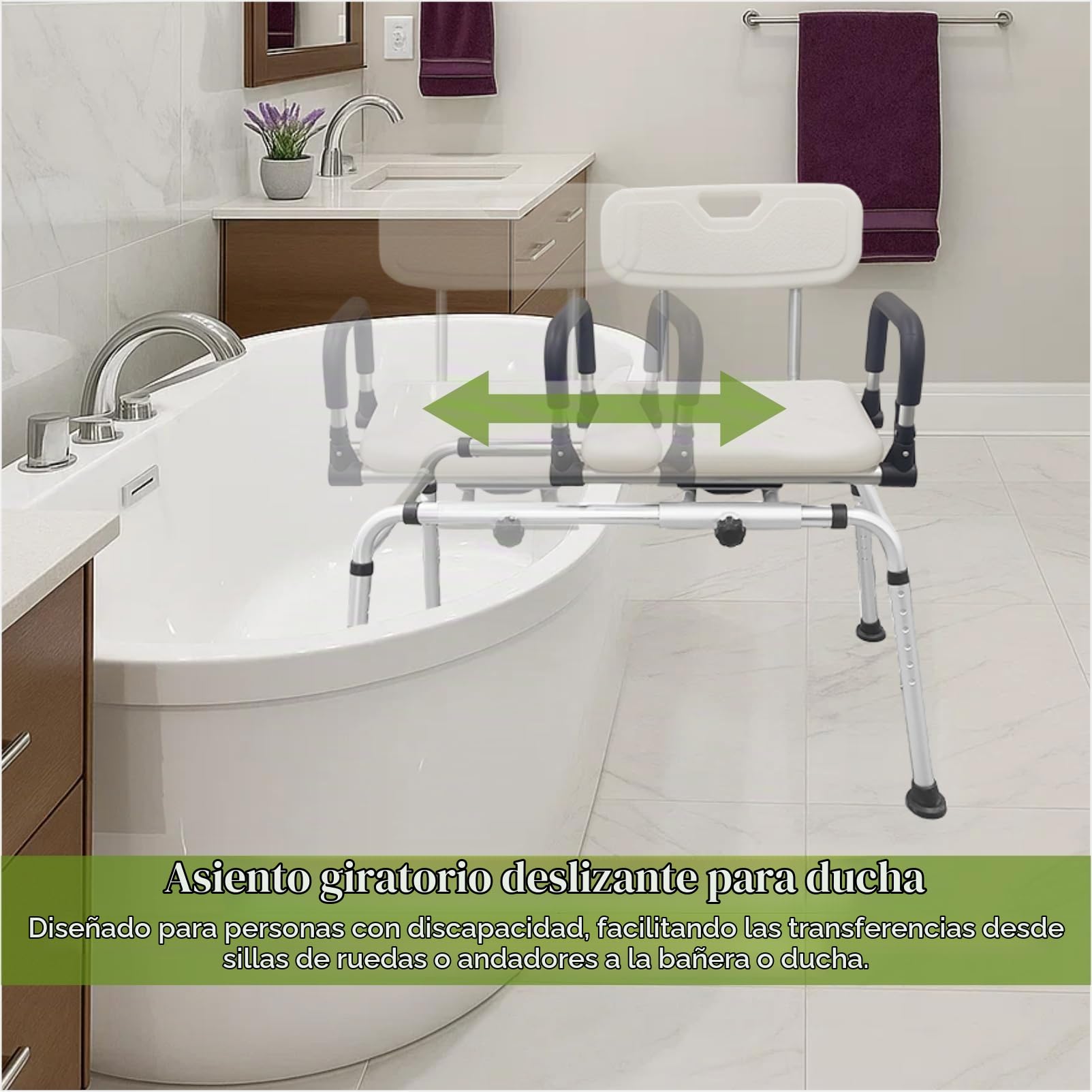 Silla de ducha deslizante con asiento giratorio, banco de transferencia de bañera para ancianos, discapacitados y discapacitados, asiento giratorio de 360°, altura ajustable de 14 a 19 pulgadas