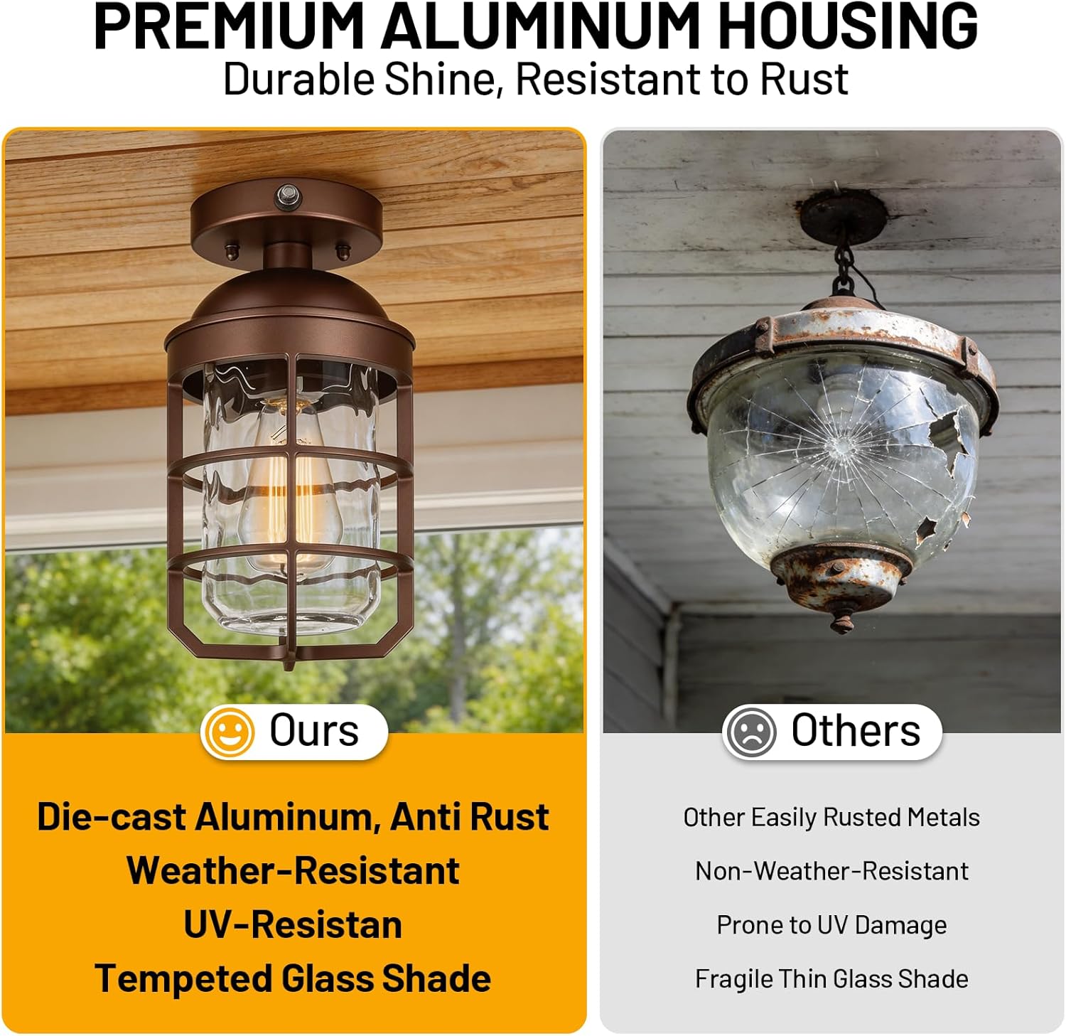 Outdoor Ceiling Lights for Porch with Dusk to Dawn Sensor, Outdoor Semi Flush Mount Ceiling Light Fixture with Water Ripple Glass for Front Porch Entryway Patio