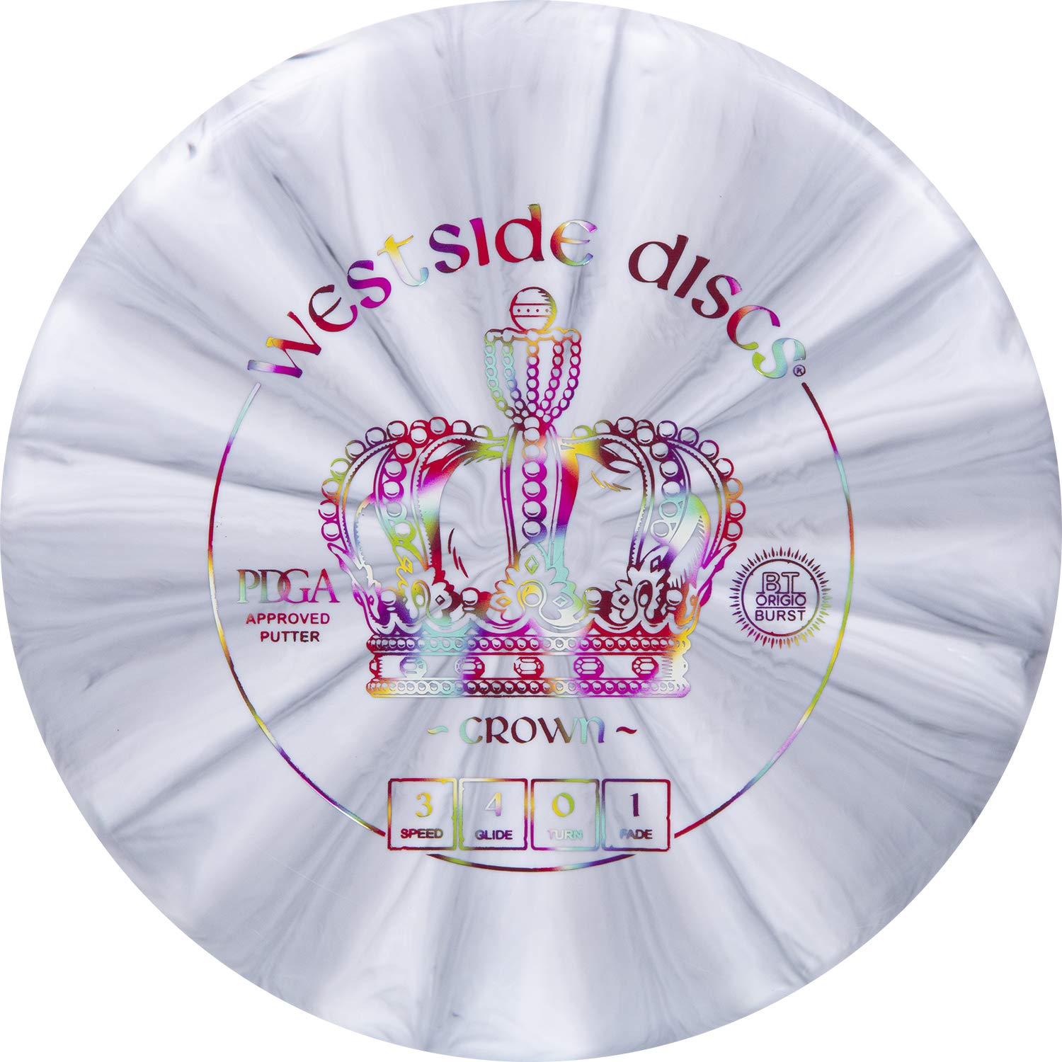 Westside DiscsOrigio Burst Crown Disc Golf Putter | Frisbee Golf Putt and Approach Disc | Great Off of The Tee Box Throwing Stable Putter | 170g Plus | Stamp Color and Burst Pattern Will Vary