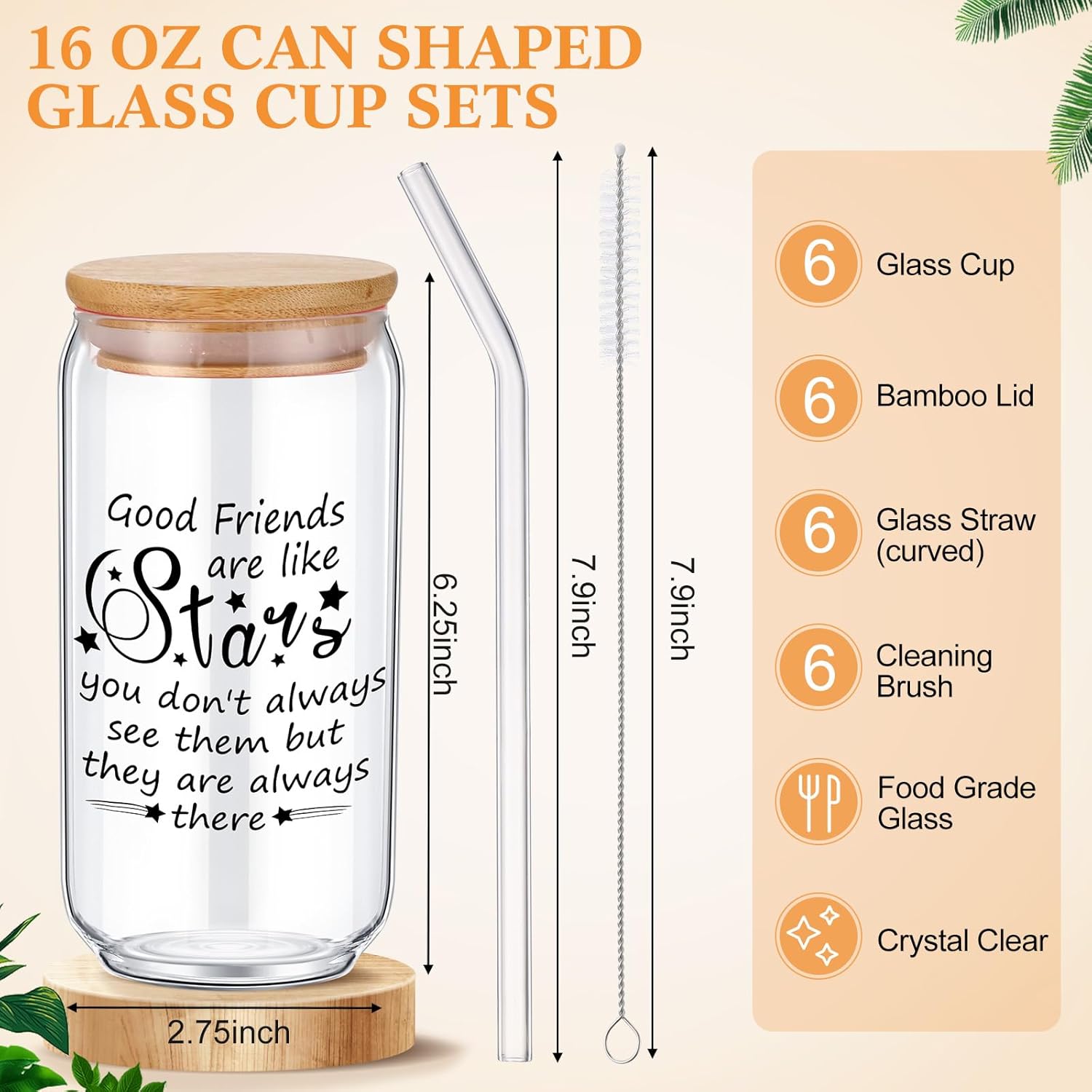 10 Set Friendsgiving Glass Cups, 16 oz Female Friendship Cup Gifts with Lids and Straw Glass, Christmas Birthday Mason Can Ice Coffee Tumbler Gifts for Friends Bestie Boy Girl(Stars)