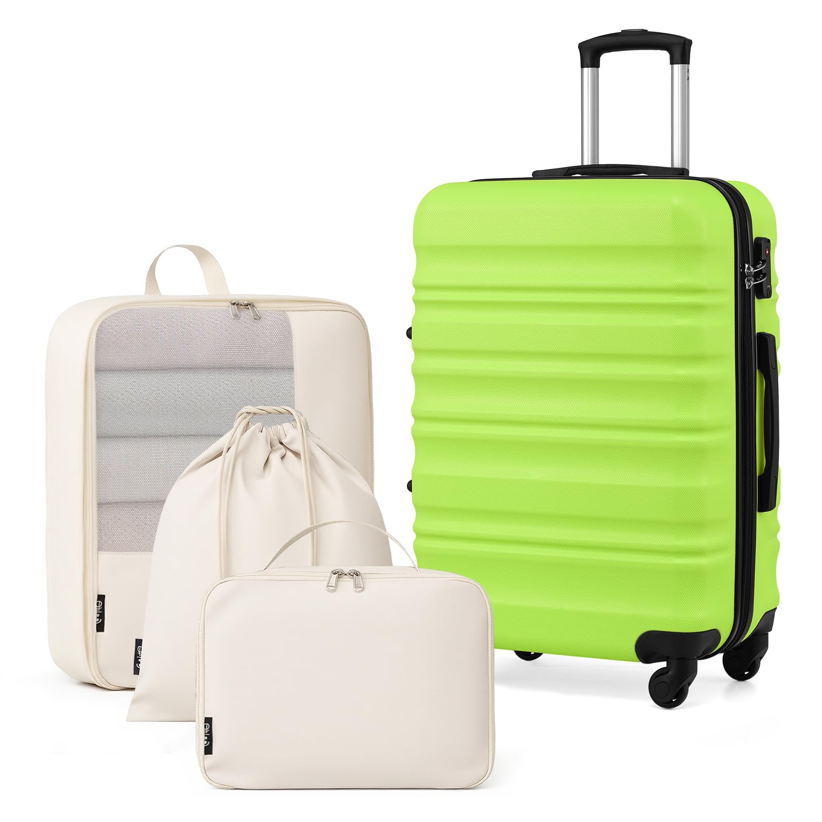 COOLIFE Koffer Set 24 Zoll, ABS+PC Hartschalenkoffer mit Rollen & TSA-Schloss, Enthält 1 Schuhbeutel + 1 Kulturbeutel + 1 Reise-Organizertasche (Grün, 4-teiliges Set)