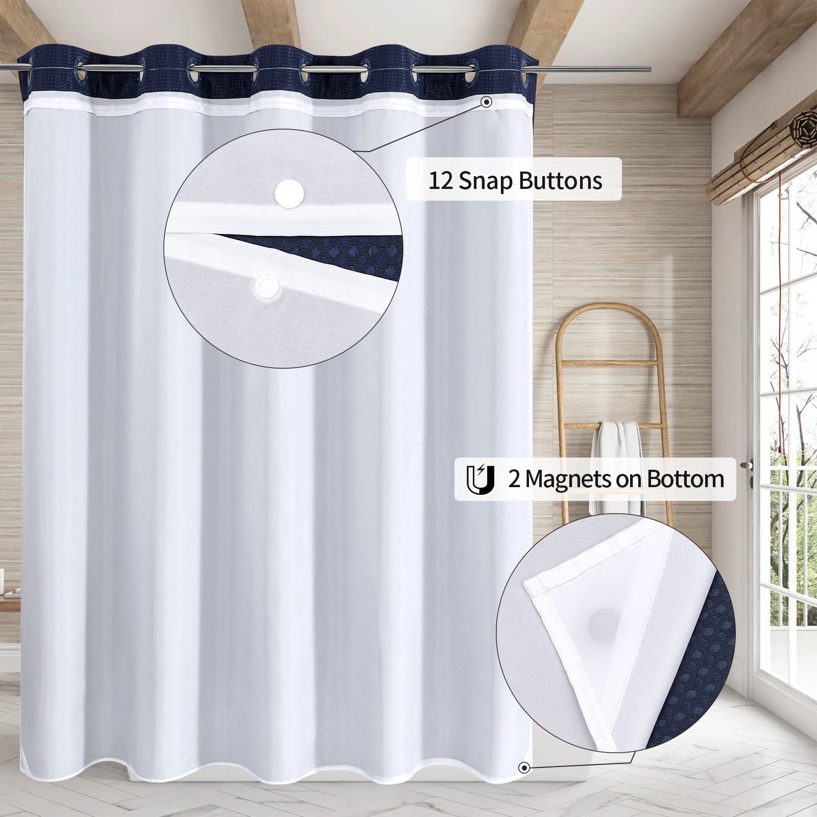 MitoVilla Juego de cortina de ducha larga azul marino de 72 x 80 pulgadas, no requiere ganchos, 203 cm de largo, juego de cortina de ducha de tela con forro de tela a presión para decoración moderna