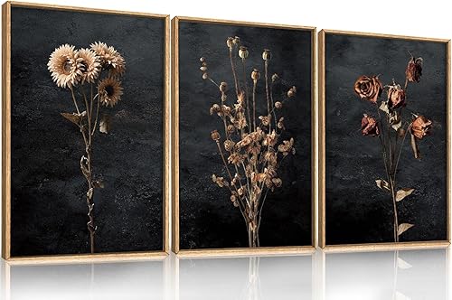 Lienzo decorativo grande con marco floral oscuro, decoración de pared de flores secas vintage, arte moderno retro de flores silvestres, arte