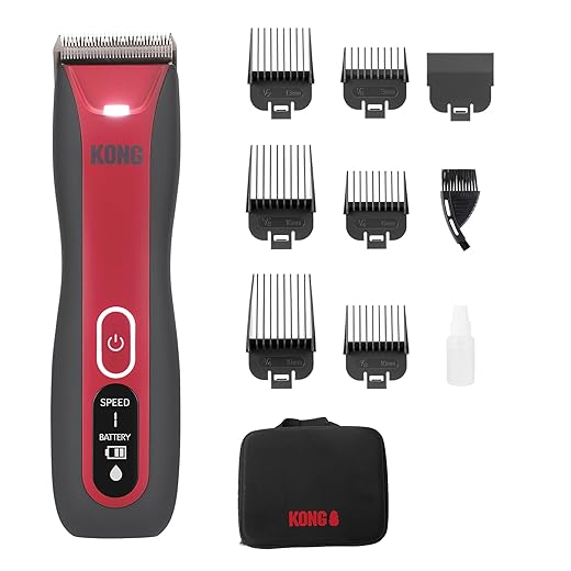 Kong 3-Speed Cordless-Corded Dog Clipper Kit – Stainless Steel Blade, Waterproof, LED Spotlight, Use-While-Charging, 6 Guide Combs, Ergonomic Handle – Red/Gray, All Coat Types