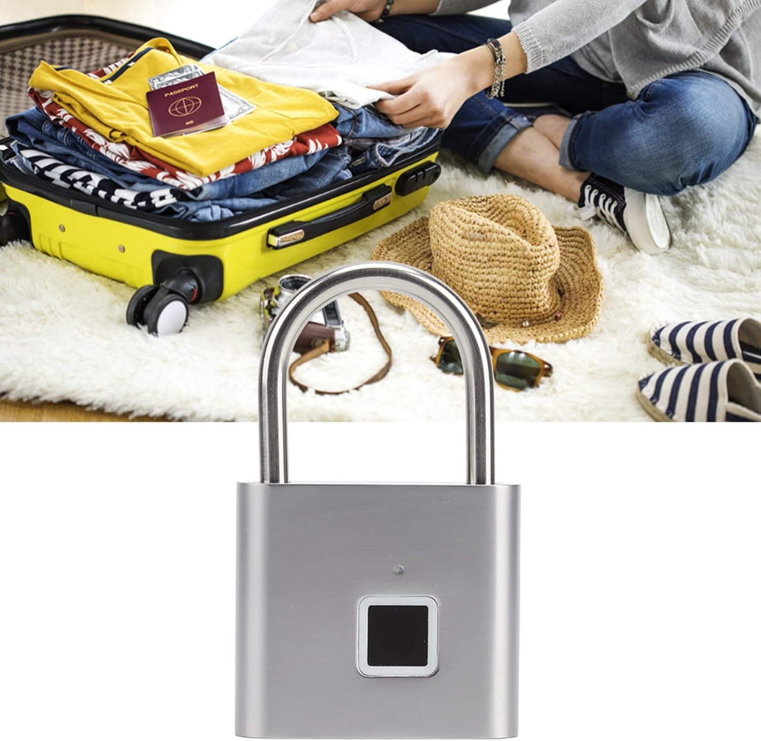 Fingerprint Padlock, Compact USB Charging Biometric Lock, USB Interface Thumbprint Padlock with 3 Color Light 0.5 Seconds Unlock Biometric Thumbprint Lock for Locker, Backpack, Luggage(Silver)