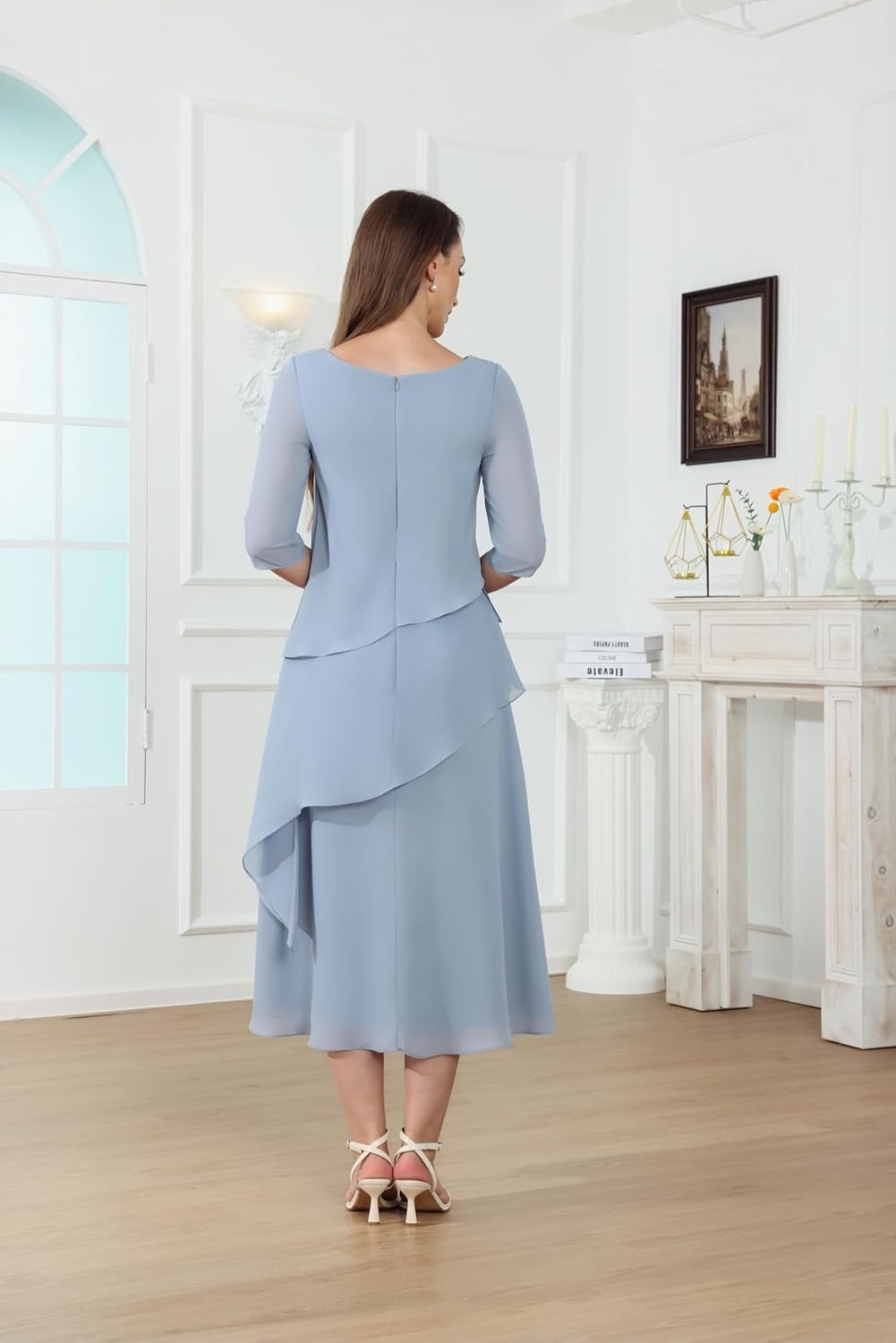 Mother of The Bride Dresses for Women Chiffon Lace Applique A-line Tea Length Formal Dress - Image 3