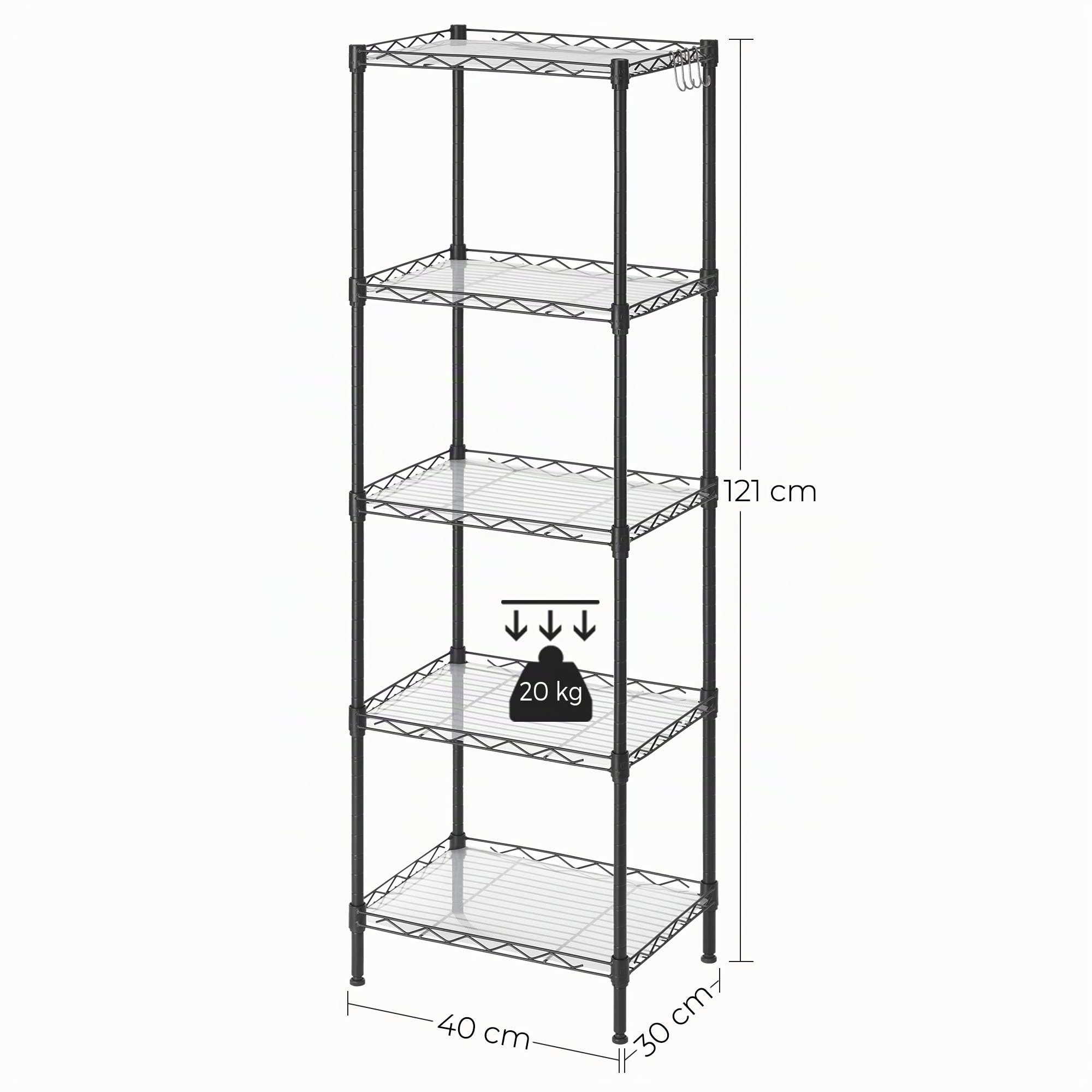 SONGMICS Küchenregal mit 5 Ebenen, Metallregal, Standregal, höhenverstellbare Gitterablage, mit PP-Kunststoffplatten, 8 S-Haken, für Küche, Wohnzimmer, bis zu 100 kg belastbar, schwarz LGR115B01