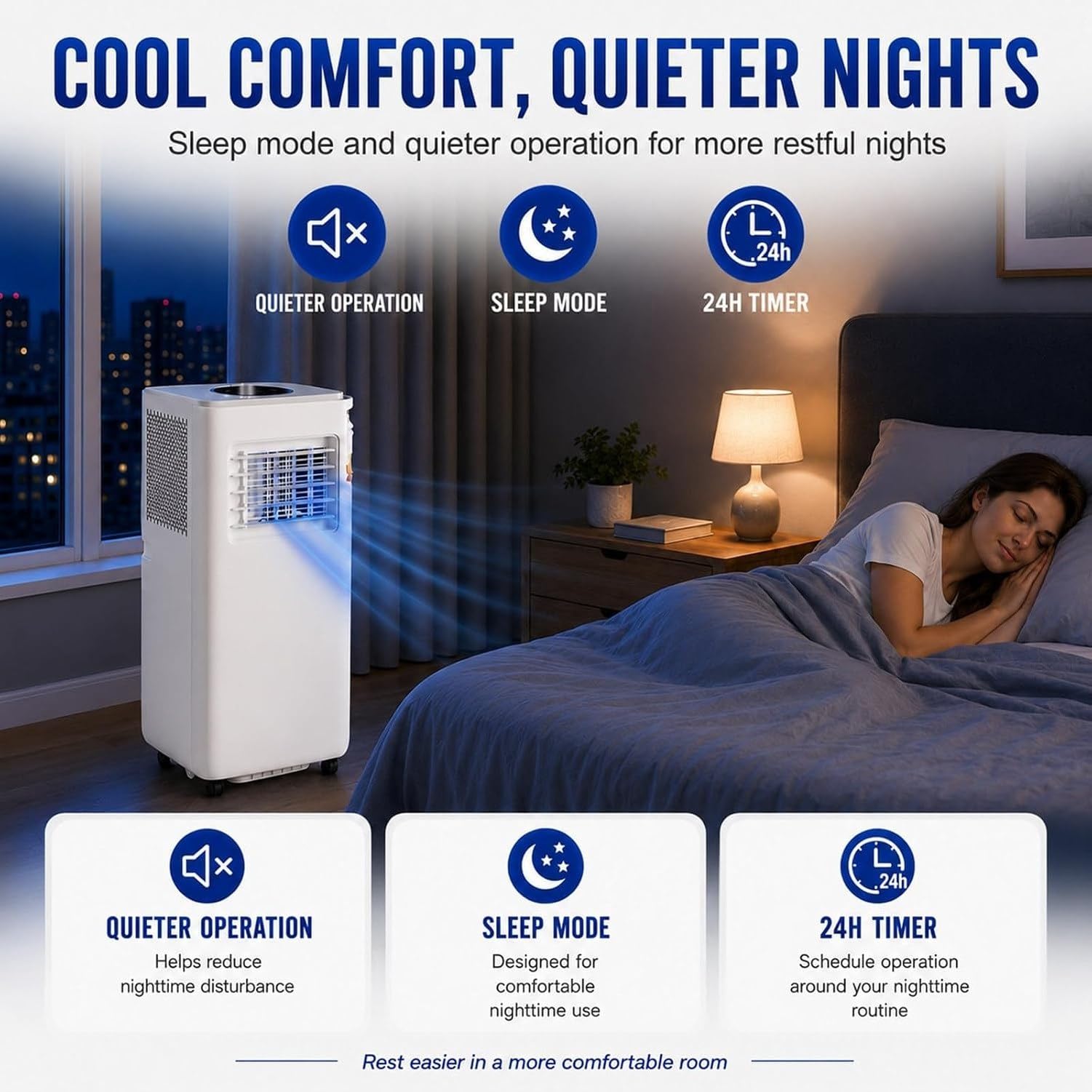 Aire Acondicionado Portátil 14000 BTU con Mando y Temporizador 24H, 4 en 1 Frío y Ventilador para Hogar Interior