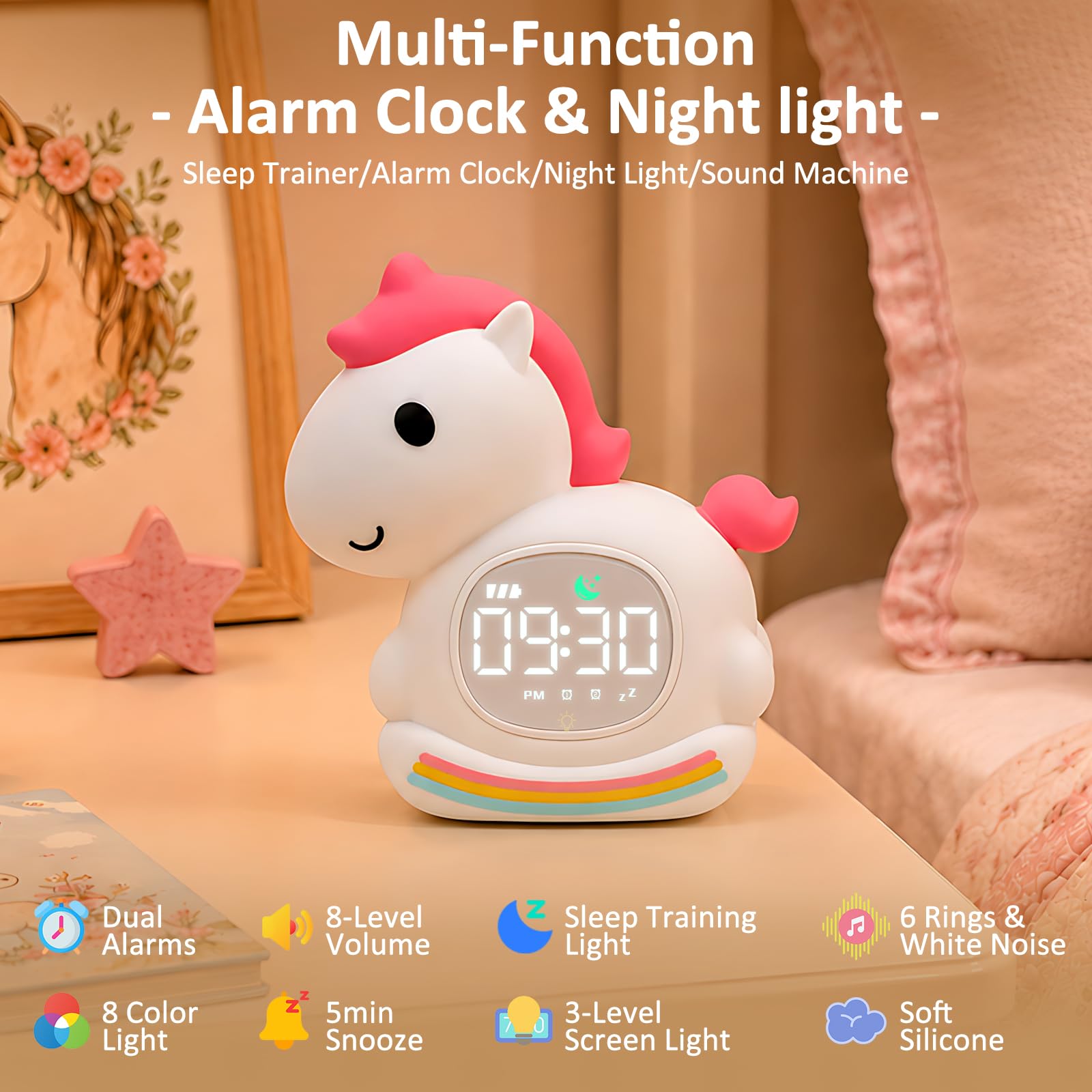 Réveil avec veilleuse pour enfants avec entraînement au sommeil et machine sonore, lampe rechargeable en silicone pour réveiller, lampe de table en forme d'animal mignon, compagnon de sommeil parfait