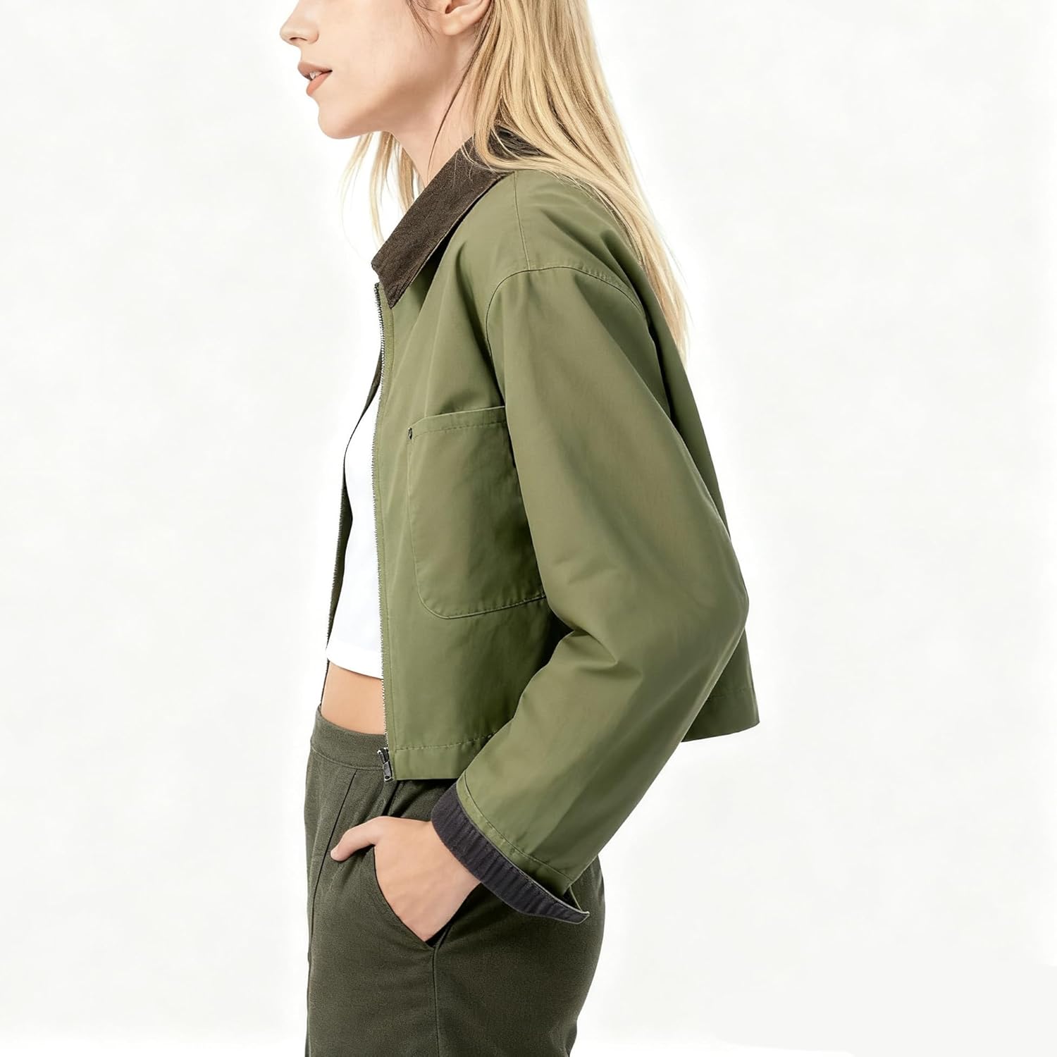 Womens Cropped Bomber Jacket Corduroy Collar Barn Coat Lightweight Utility Zip Up Cotton Canvas Workwear - Image 5
