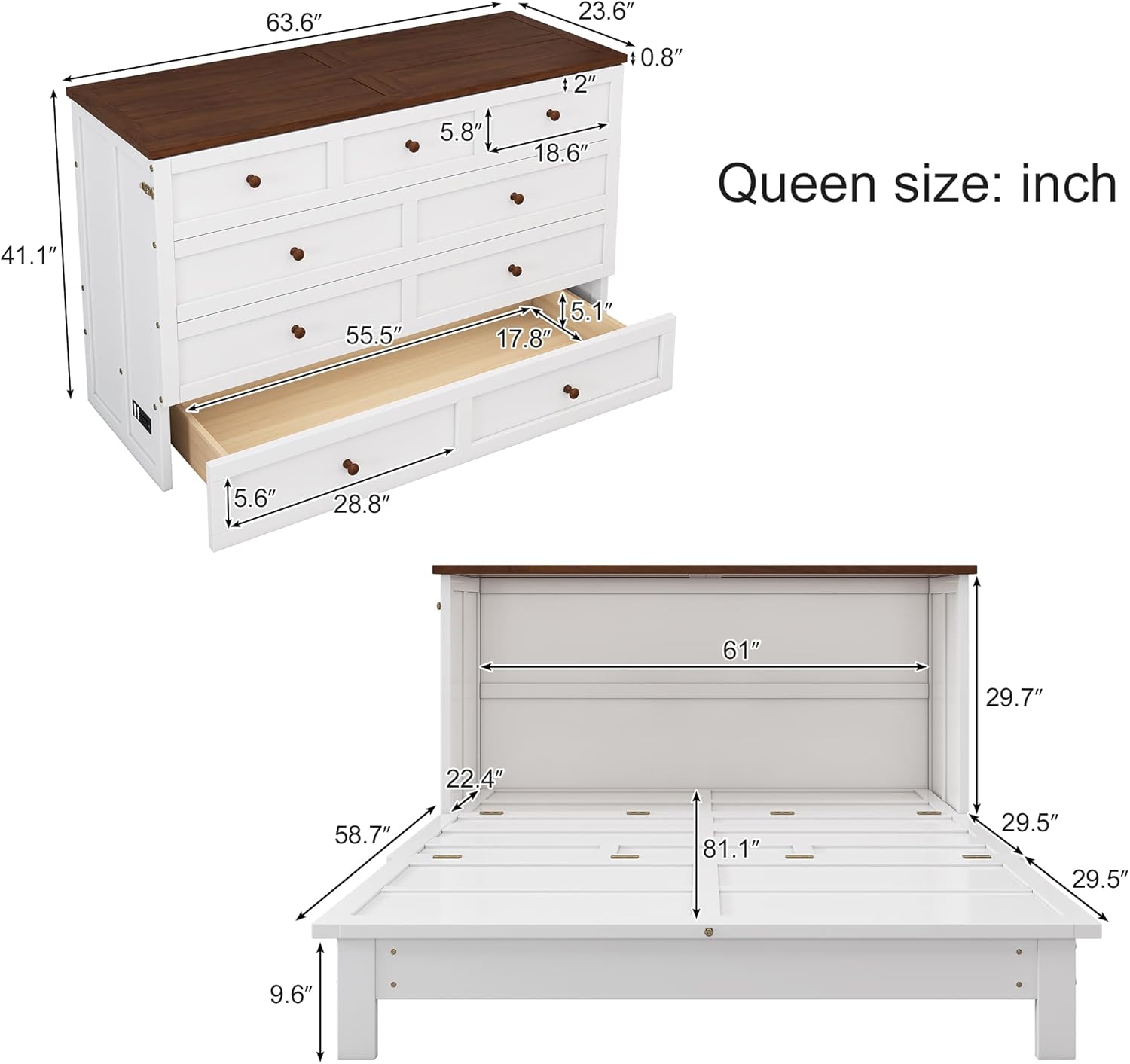Queen Size Murphy Bed Folding Wall Chest with Charging Station and Large Storage Drawers, Foldable Pull Out Murphy Cube Wall Bed Space Saving Hidden Bedframe for Guest Room, Home, White Walnut