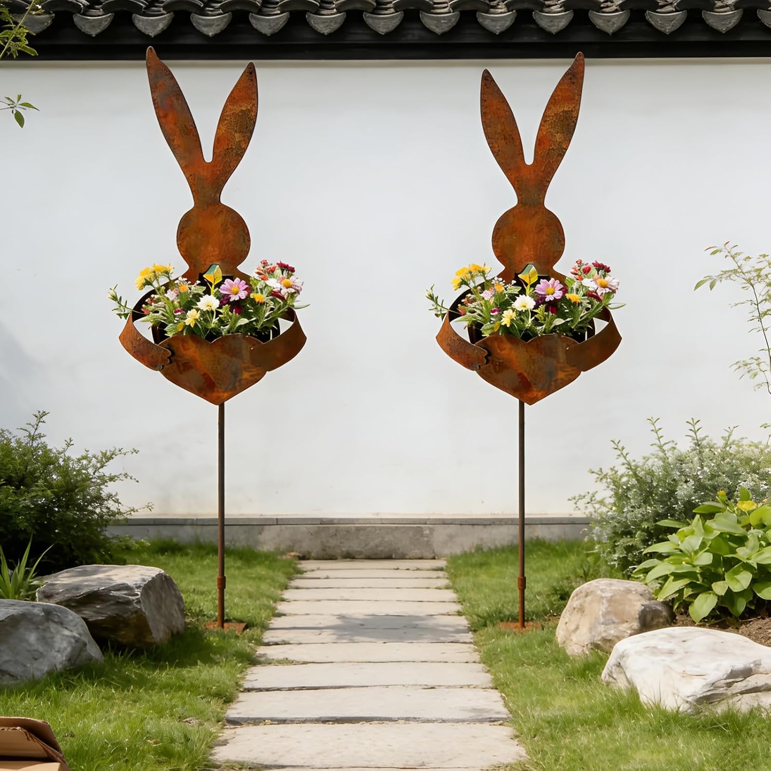 Easter Vintage Metal Rabbit Shaped Planter Garden Stake, Easter Outdoor Decor, 35in Rustic Patina Finish Bunny Decor, Metal Bunny Yard Stakes for Outdoor Plants, Courtyards (2PCS)