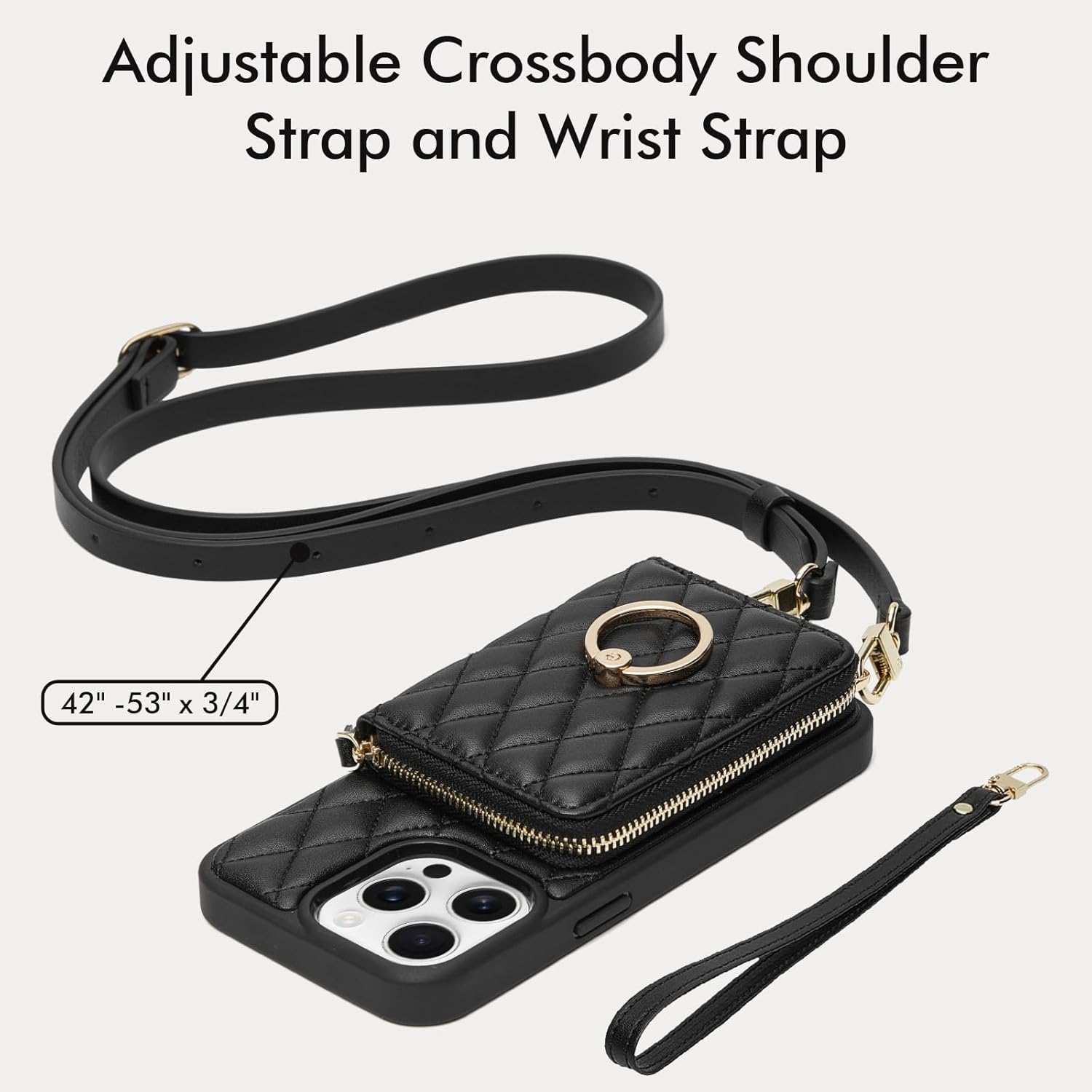 ZVE for iPhone 16 Pro Max Wallet Case for Women, Crossbody Case with Wrist Strap Protective Leather Lanyard with Ring Holder Flip Cover 6.9 Inch - Black