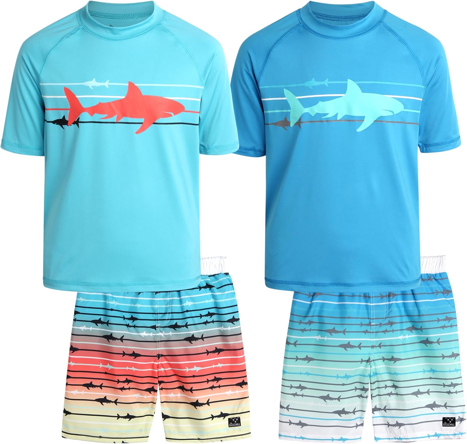 Big Chill Boys Swim Set - 4 Piece Quick Dry UPF 50 Boys Swim Trunks & Short Sleeve Boys Rash Guard - Kids Swimwear Set