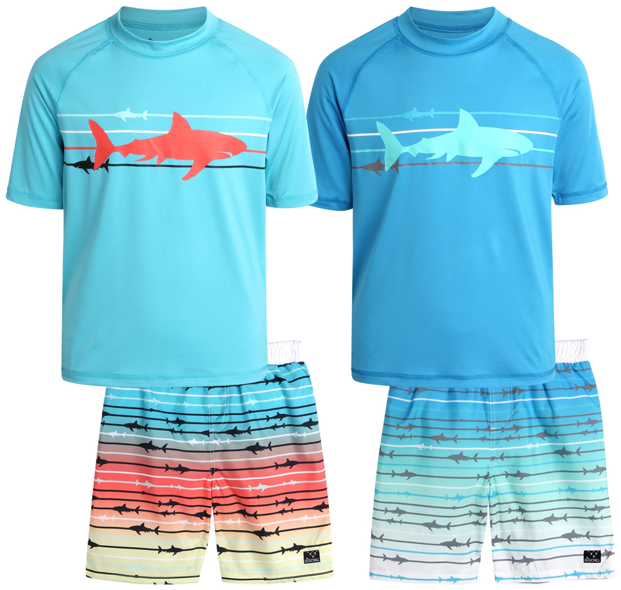 Big ChillBoys Rash Guard Set - 4 Piece UPF50+ Sun Protection Quick Dry Short Sleeve Swim Shirt & Swim Trunks Set (Size 4-14)