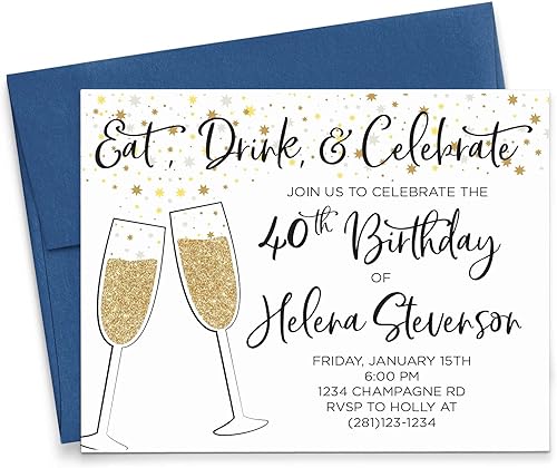 Black and Gold Champagne 40th Birthday Invitations for Women, 50th Birthday Invitation Cards for Women, 70th Birthday Invitations for Women, Your