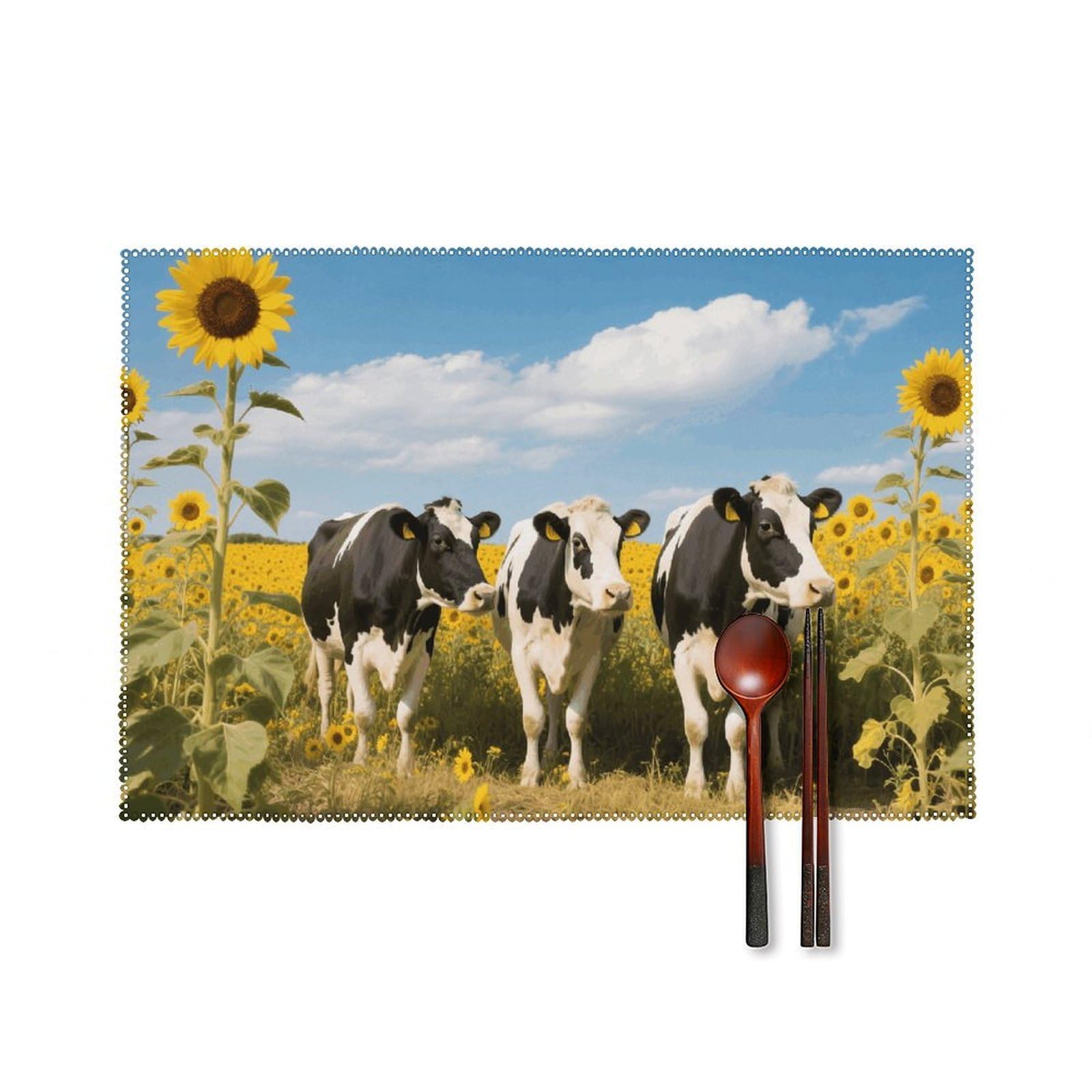 Cow Placemats Set of 4 Heat Resistant Non-Slip Place Mats for Dining Table Washable Placemat Wipeable Dining Table Mat Canvas Place Mats Dining Table Decor