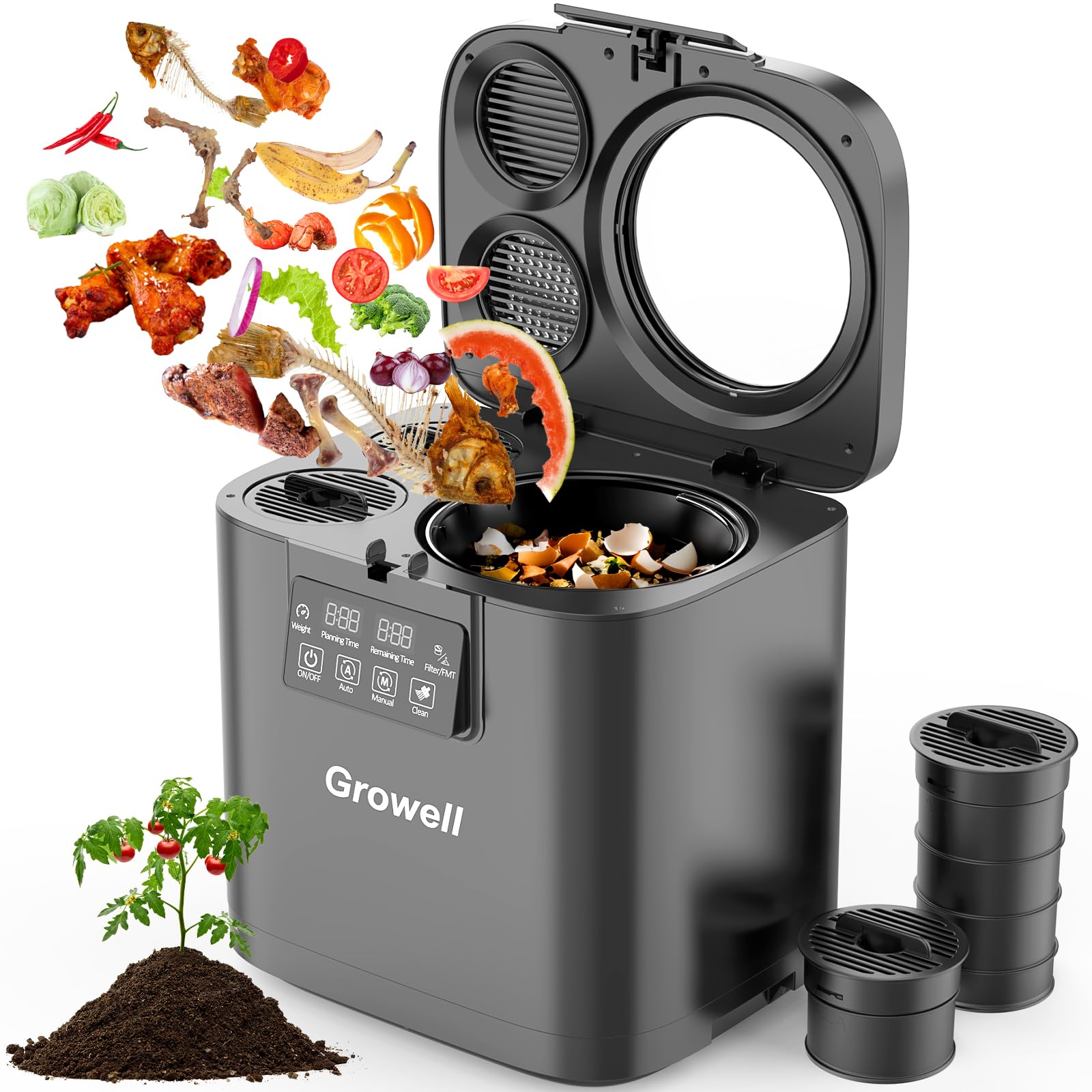 Growell Elektrischer Komposter für die Küche, 4 l, geruchloser Komposteimer für den Innenbereich, mit 2 Kohlefiltern, Auto-Reinigung, großes LED-Display, sichtbares Fenster, intelligente Arbeitsplatte