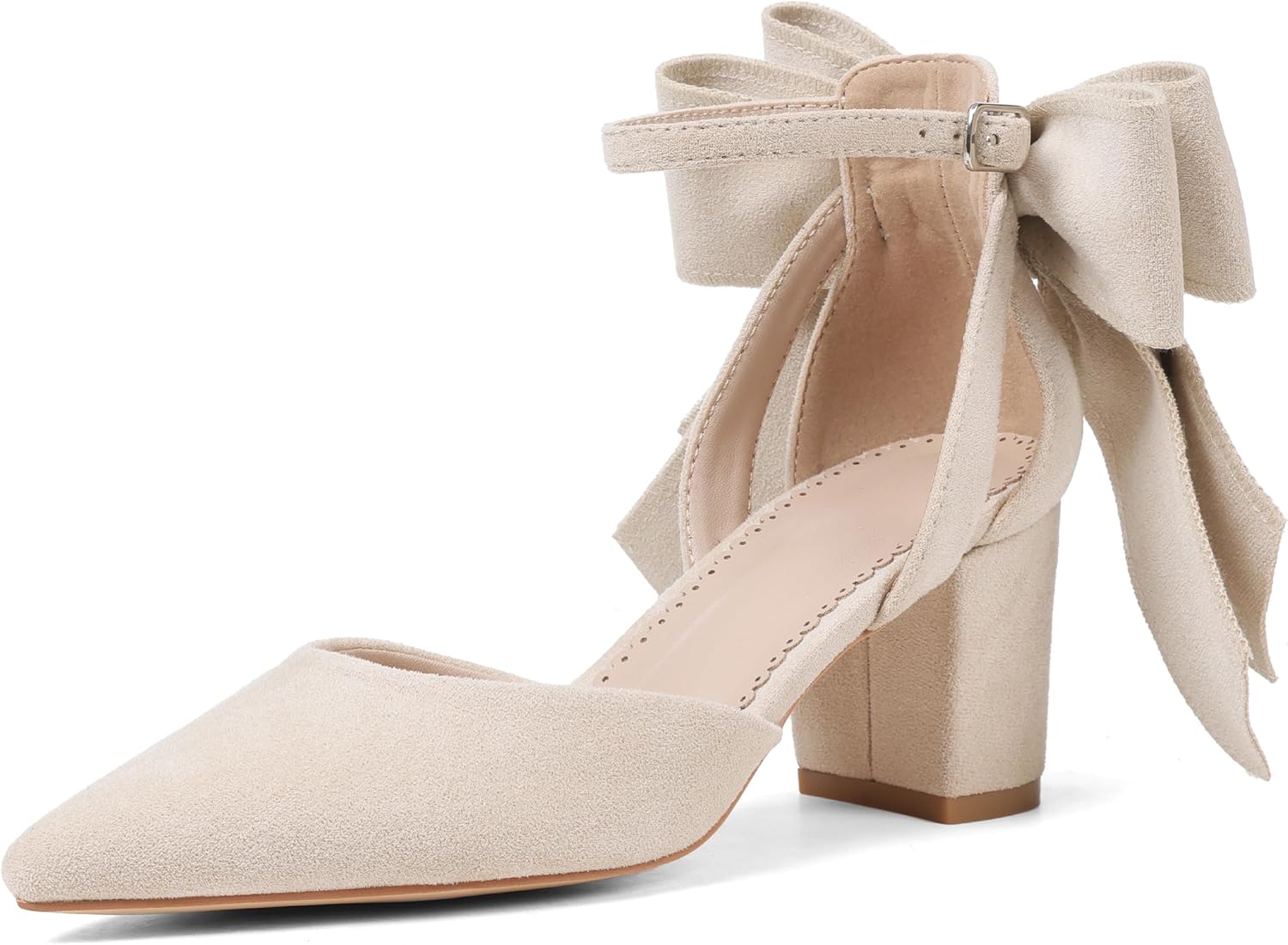 Yremael Women's Black Pointed Toe Pumps Bow Ankle Strap Chunky High Heels Dress Wedding Shoes