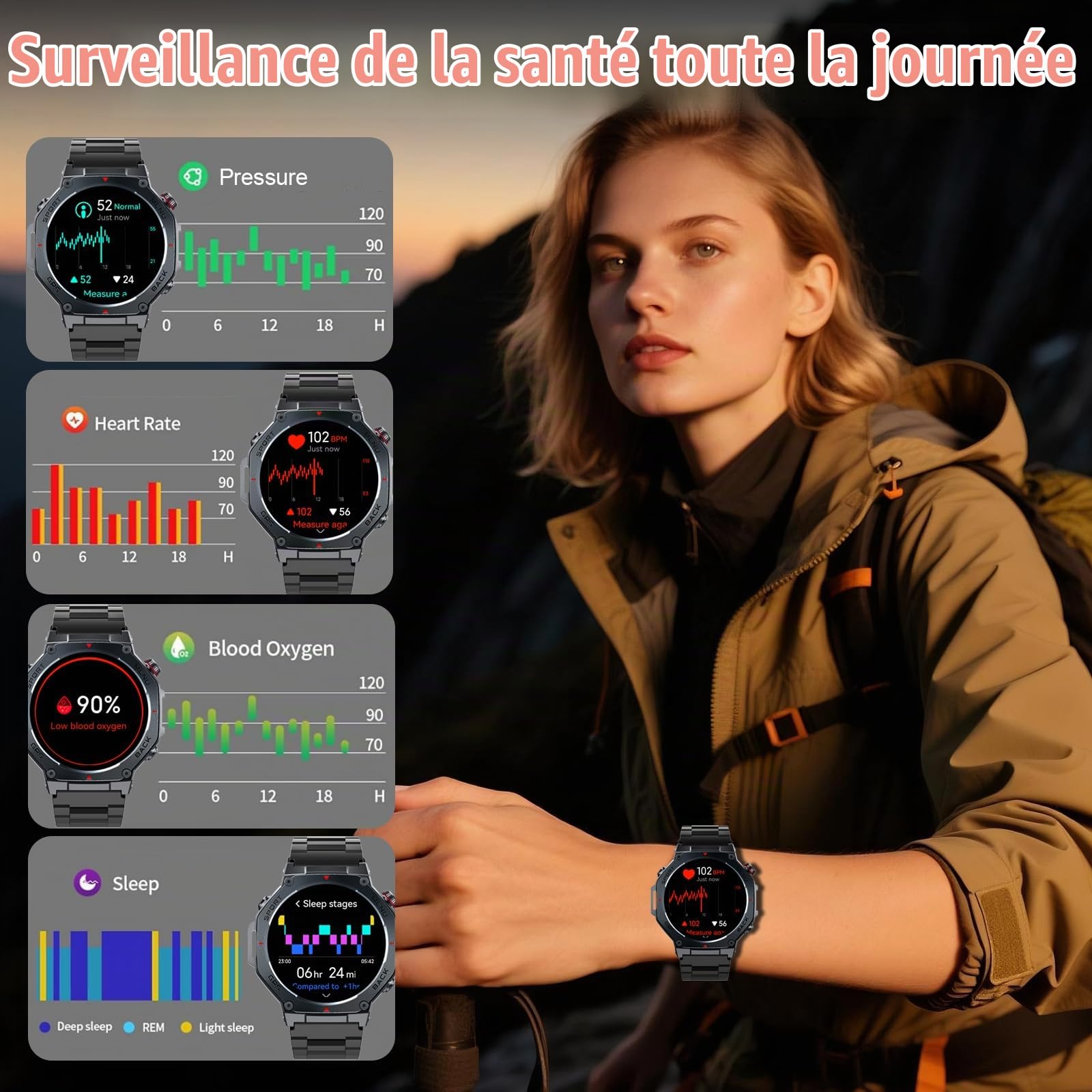 Montre Connectée Homme GPS, 1.43"AMOLED Smartwatch Torche LED 5ATM Étanche | Militaire Montre Sport Compass/GPS/SOS/Fréquence Cardiaque/Sommeil, Montre Intelligente Appel Bluetooth pour Android iOS Noir