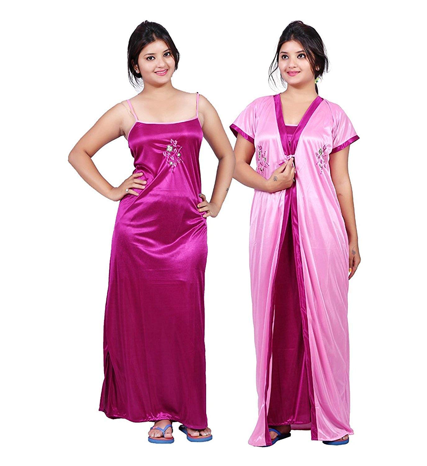 CLICK WORLD Women's Satin Full Length Nighty - Pack of 2, Free Size (Light Pink)