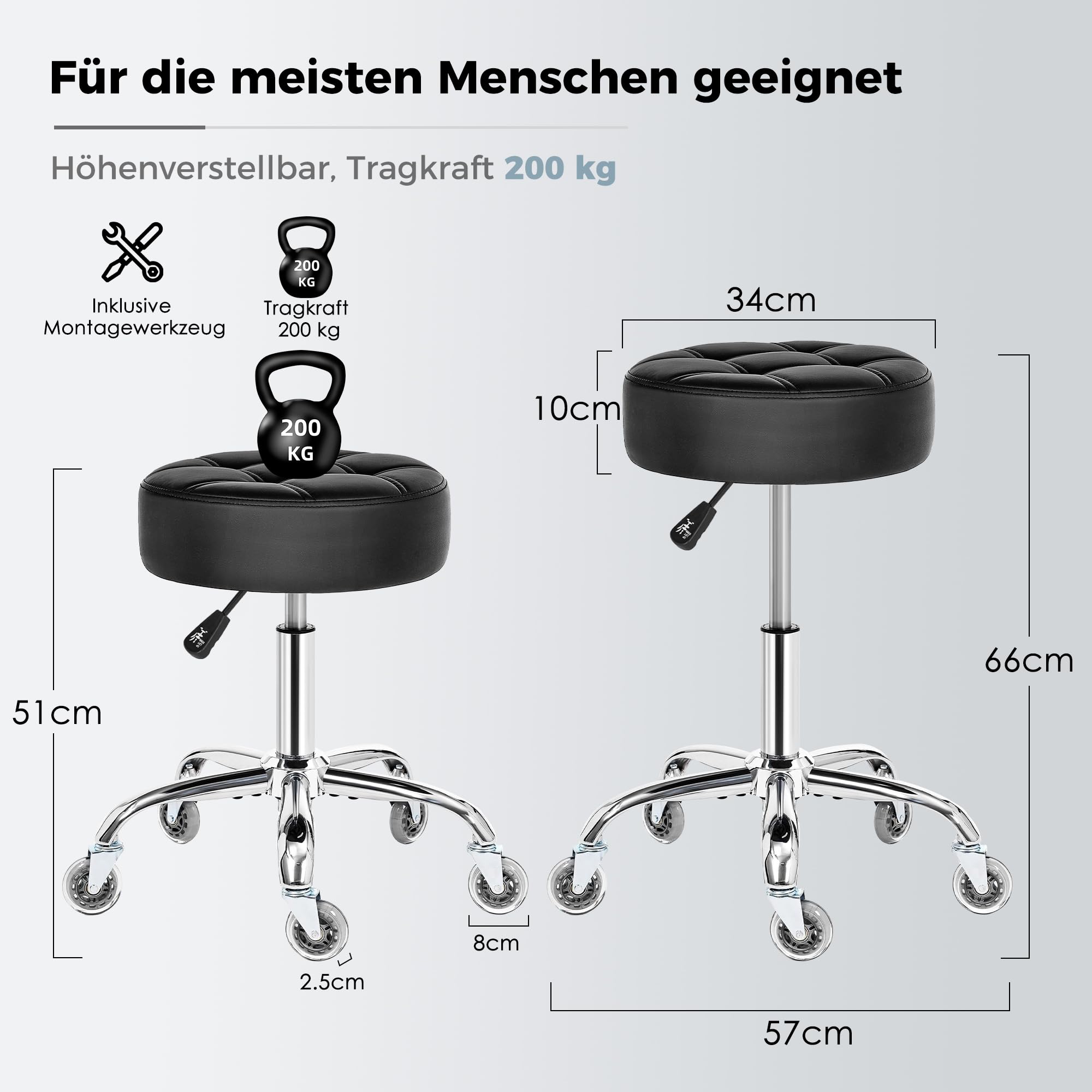 BEWISHOME Rollhocker mit Rollen,Verstellbarer Hocker für hohe Belastungen bis 200 kg,360° Drehhocker Hocker für Salon,Spa PU-Sitzpolsterung (schwarz) EBYD01B