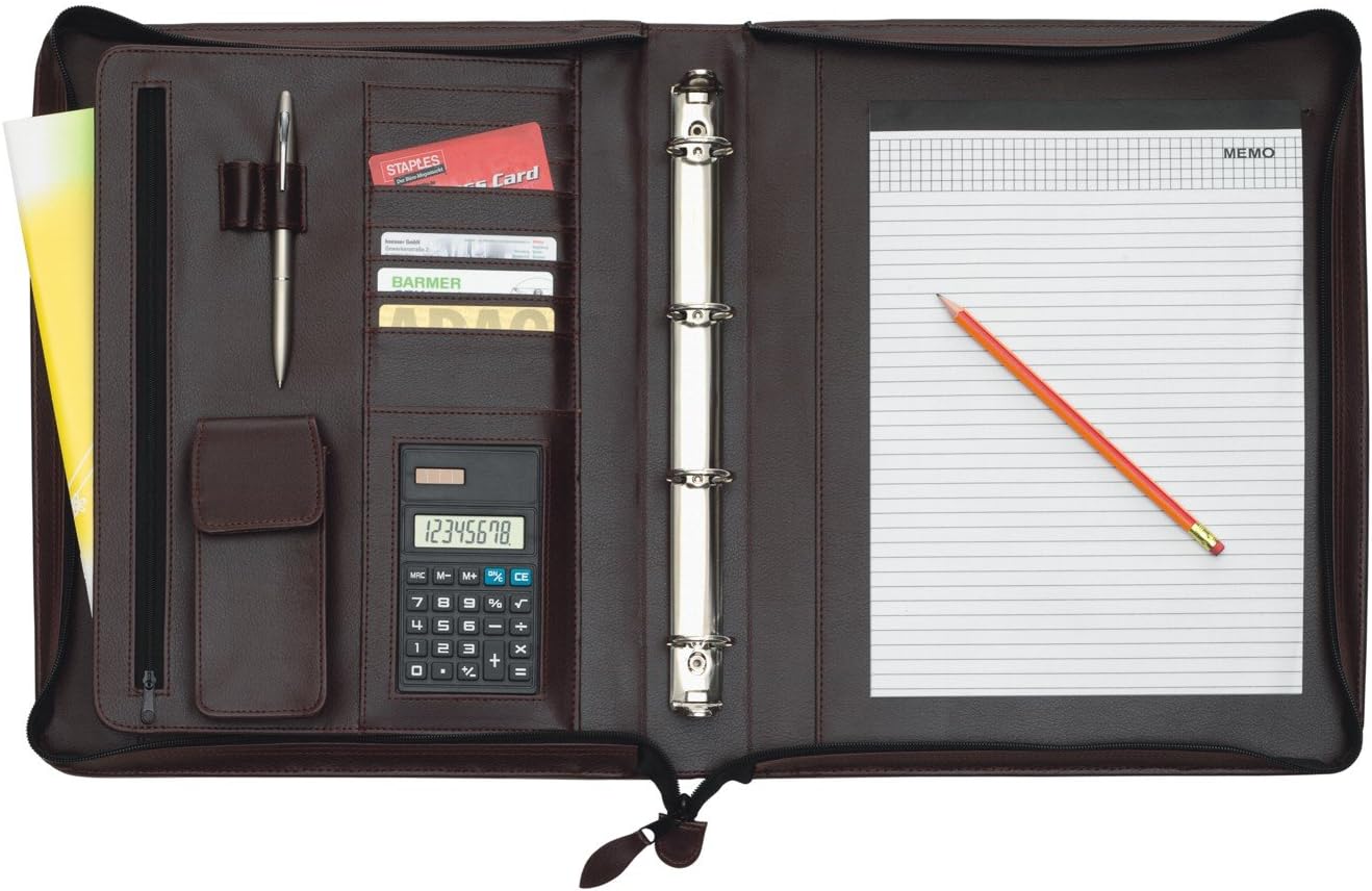 Zipped Folio With Retractable Handles Conference Folder Brown Feaux Leather