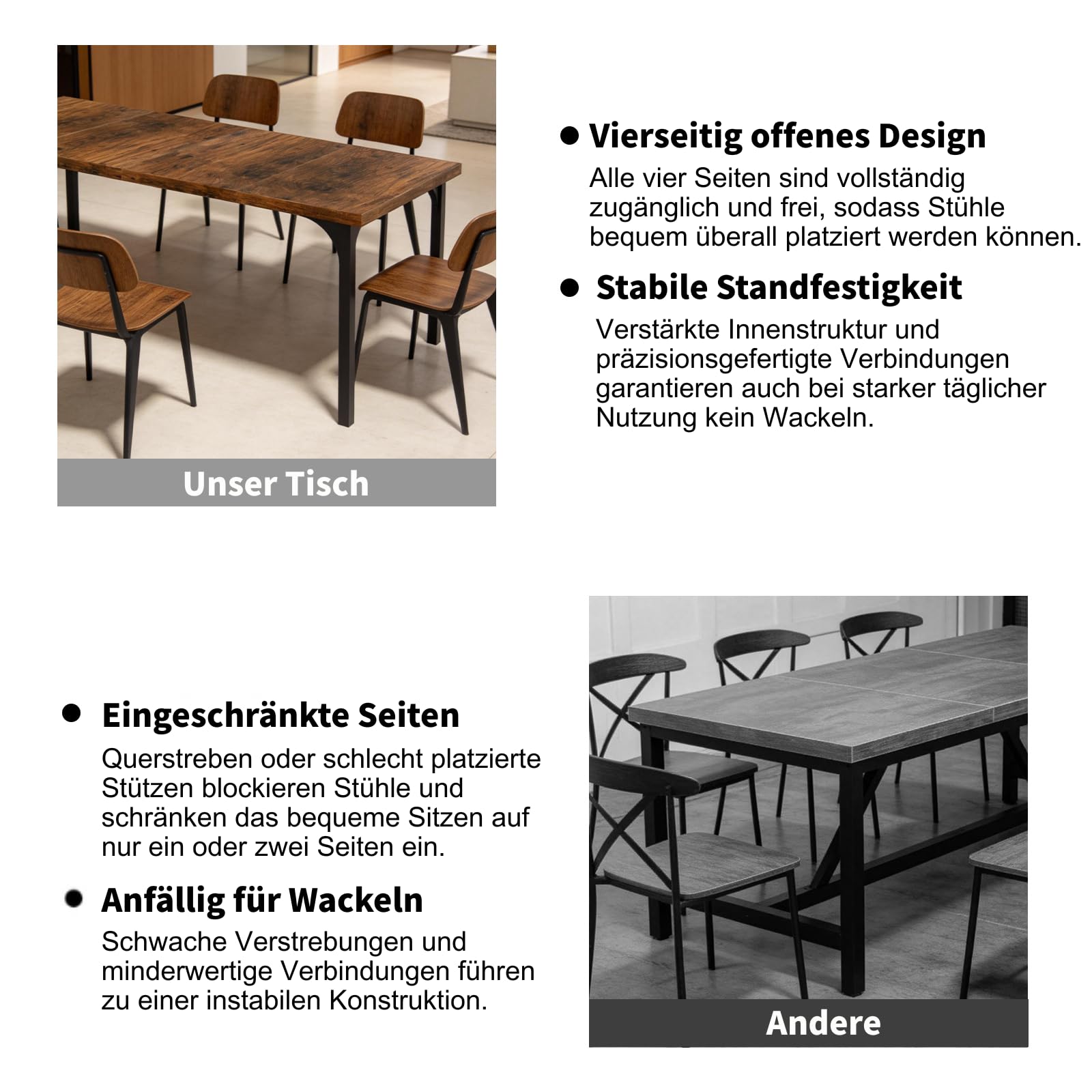 LEADZM Esstisch, Küchentisch, Esszimmertisch 180 x 90 cm für 6-8 Personen, Dining Table für Esszimmer, Büro, Arbeitszimmer (Rustikal-Braun, 180 x 90 x 76 cm)