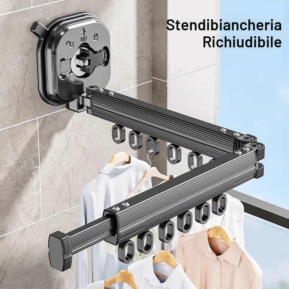 Mumusuki Stendibiancheria da Parete, Stendino da Parete Retrattile con Ganci, Portatile Stendino da Muro Girevole a 360° con Ventosa, per Balcone, Lavanderia, Bagno, Travel, Dormitorio, Idee Regali