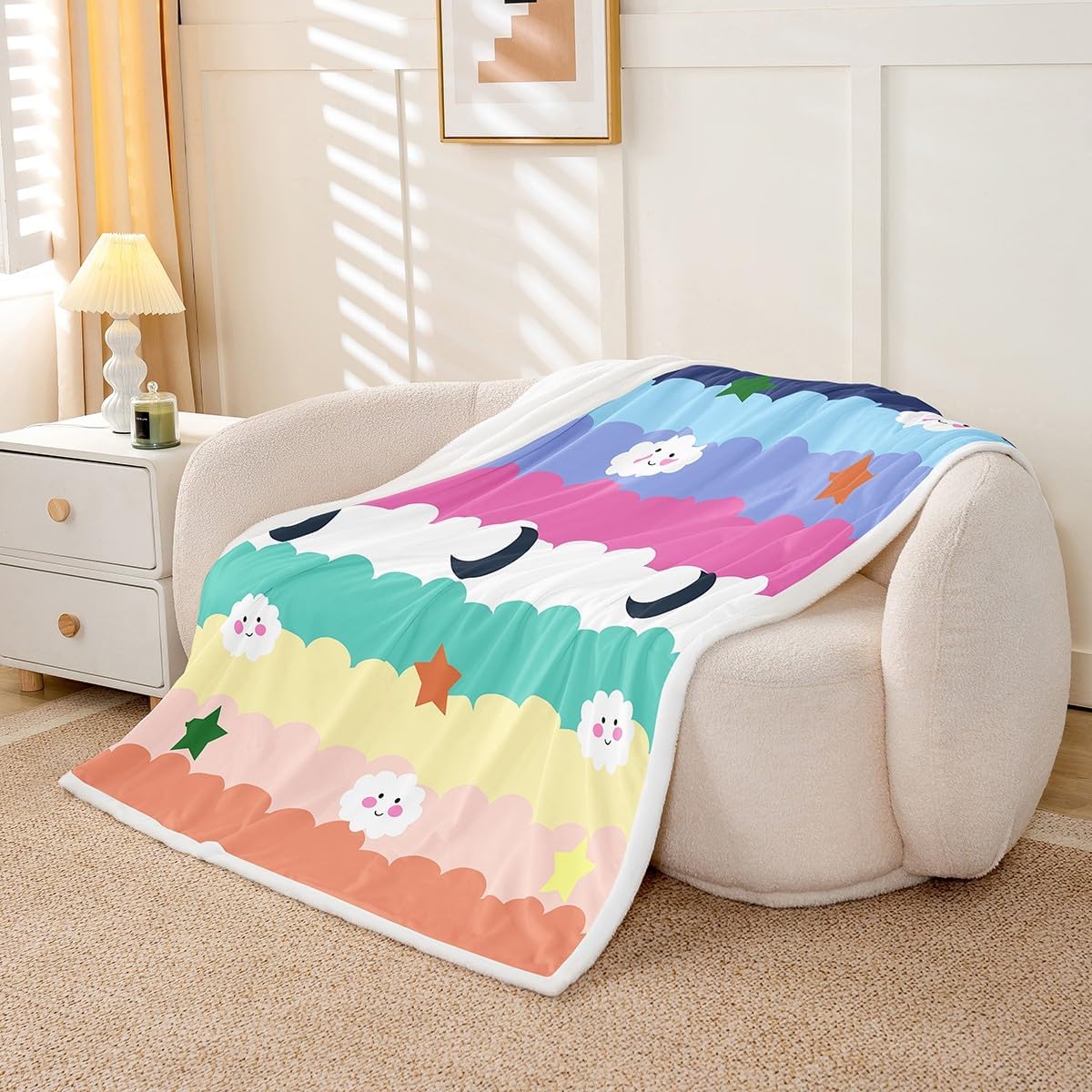 Castle Fairy Colorful Cloud Kids Flannel Blanket,Cartoon Stars Cloud Moon Print Fuzzy Blanket for Children,Abstract Art Geometric Stripes Polyester Throw Blanket for Couch, Twin Size (60 x 80 Inch)