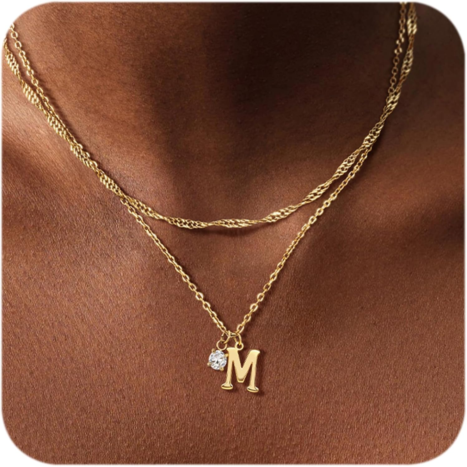 Initial Necklaces for Women Girls Dainty Gold Letter Necklace Stack Non Tarnish 14K Layered Necklaces Simple Chain CZ Diamond Pendant Necklaces Stacked A-Z Name Personalized Trendy Jewelry Gift