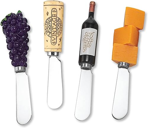 Wine Things Mango de resina pintado a mano de 4 piezas con hoja de acero inoxidable esparcidor de queso/cuchillo esparcidor de mantequilla, surtido