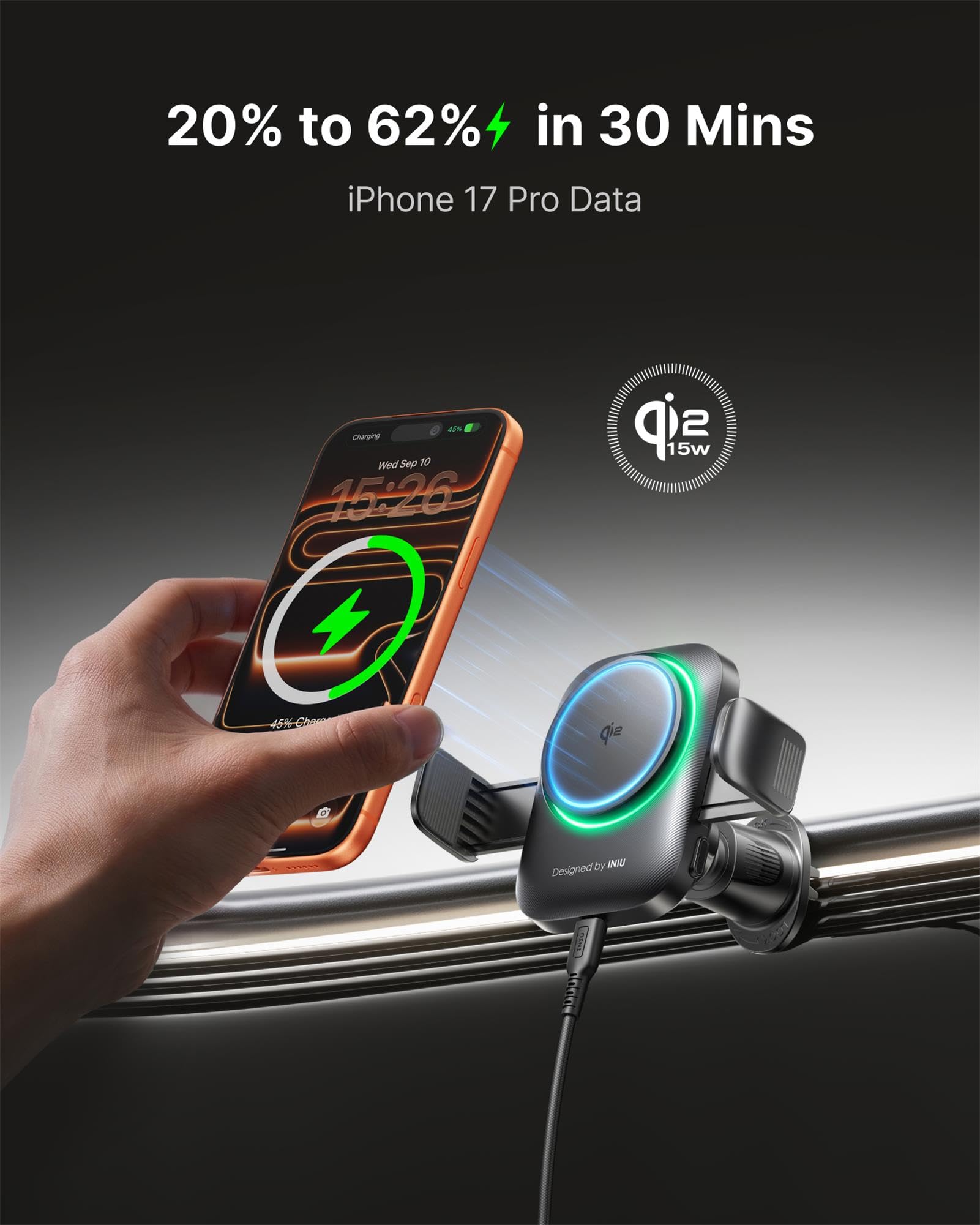INIU Cargador inalámbrico para coche, certificado Qi2, soporte de teléfono para Magsafe, cargador magnético de carga rápida de 15 W para salpicadero, accesorios de coche, rejilla de ventilación para