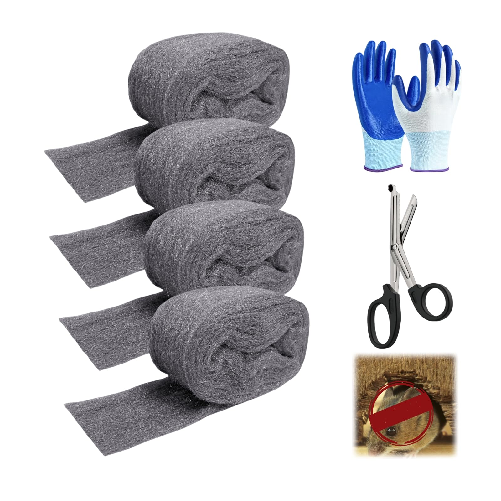 Steel Wool Mice Control - 4 Pack 3'' x 11Ft Steel Wool 0000 - Fine SteelWool Included Work Gloves & Scissors - Mouse Wall Hole Filler for Home, Garden