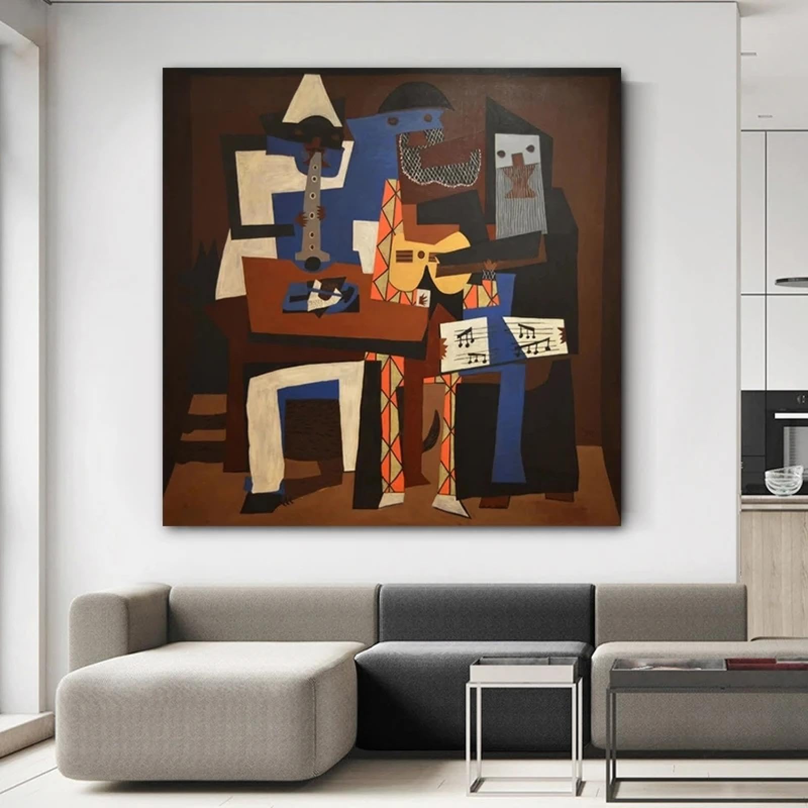 JACBON Picasso Famoso dipinto Tre uomini musicali Poster e stampe d'arte da parete Immagini astratte su tela per soggiorno Decorazioni per la casa 45x45 cm (18x18 pollici) Cornice interna