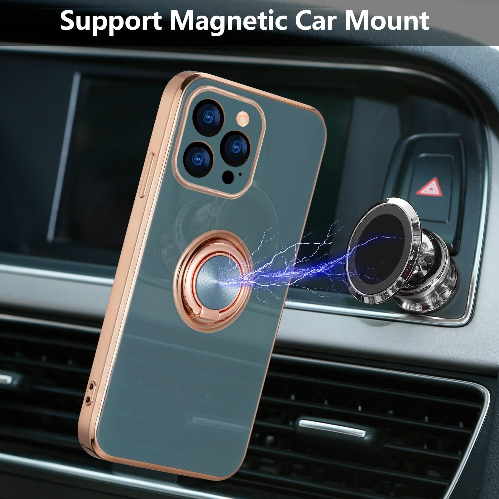 EYZUTAK Electroplated Magnetic Ring Holder Case For IPhone 17 Pro Max, 360 Degree Rotation Metal Anti-fall Finger Ring Kickstand Magnet Car Holder Slim Soft Silicone Shockproof Cover - Dark Green - View #6