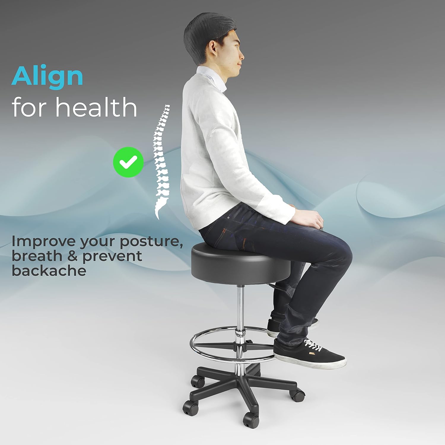 Luxton Ergonomic Rolling Stool -Double Padding and Memory Foam Adjustable Medical Spa Stool, Desk Stool Chair with Swivel Rolling Chair, Black with Wheels, Easy Set up