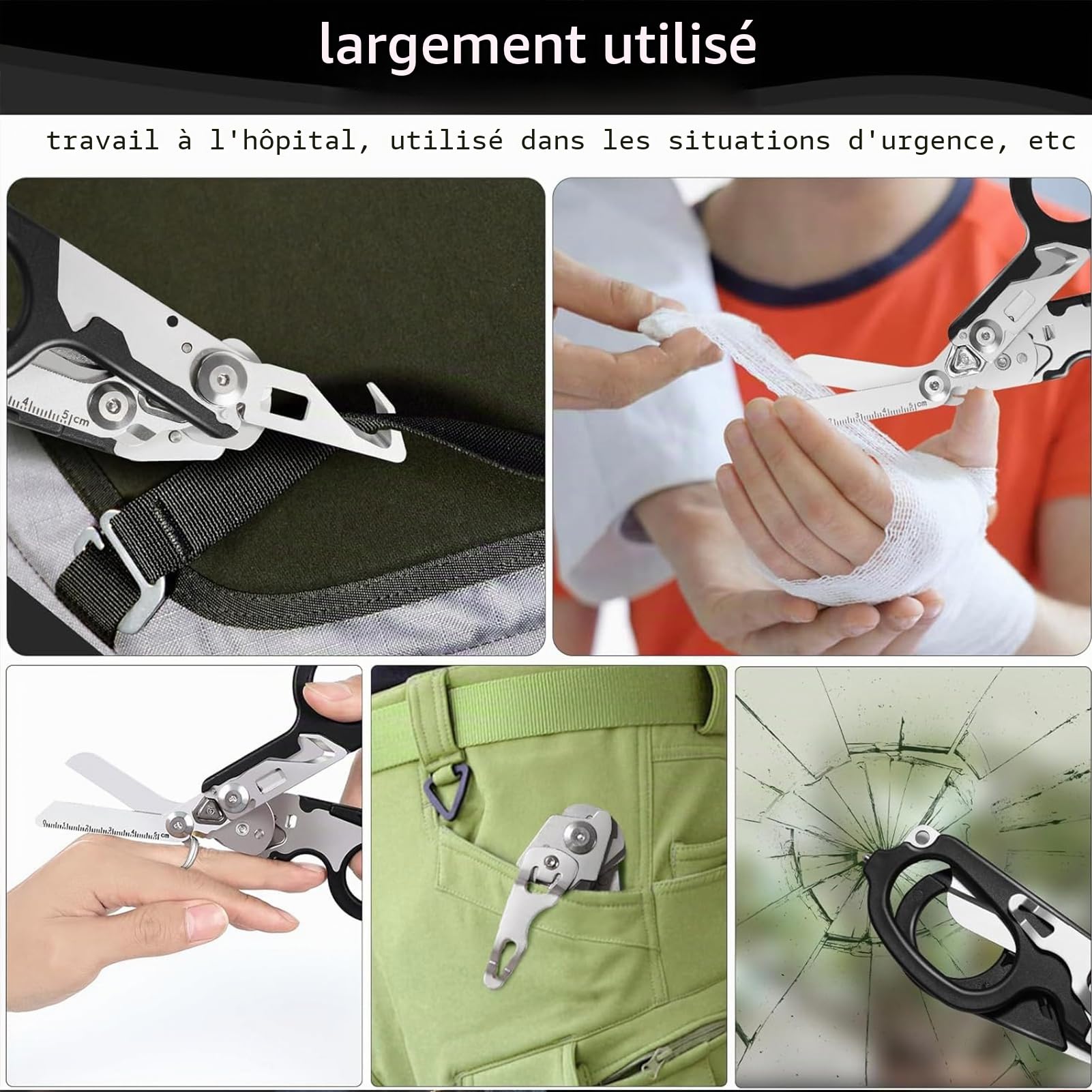 Ciseaux de traumatisme multifonctionnels en acier inoxydable - 6 fonctions pratiques - Ciseaux d'urgence Raptor Response - Noir