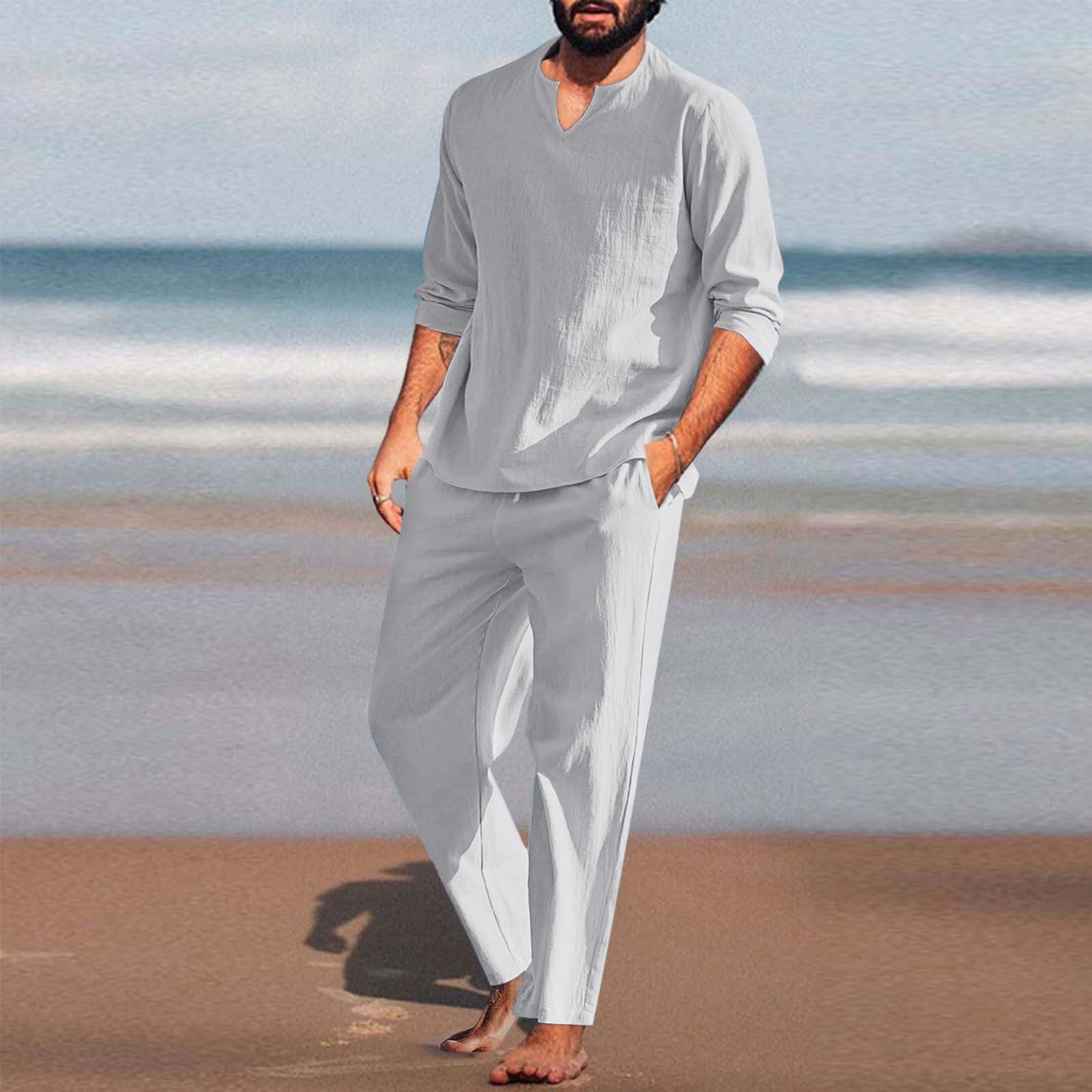 Generisch Combinaison 2 pièces en lin pour homme - Couleur unie - 2 pièces - T-shirt à manches longues et pantalon de plage - Ensemble de yoga - T-shirt de plage - Short de plage