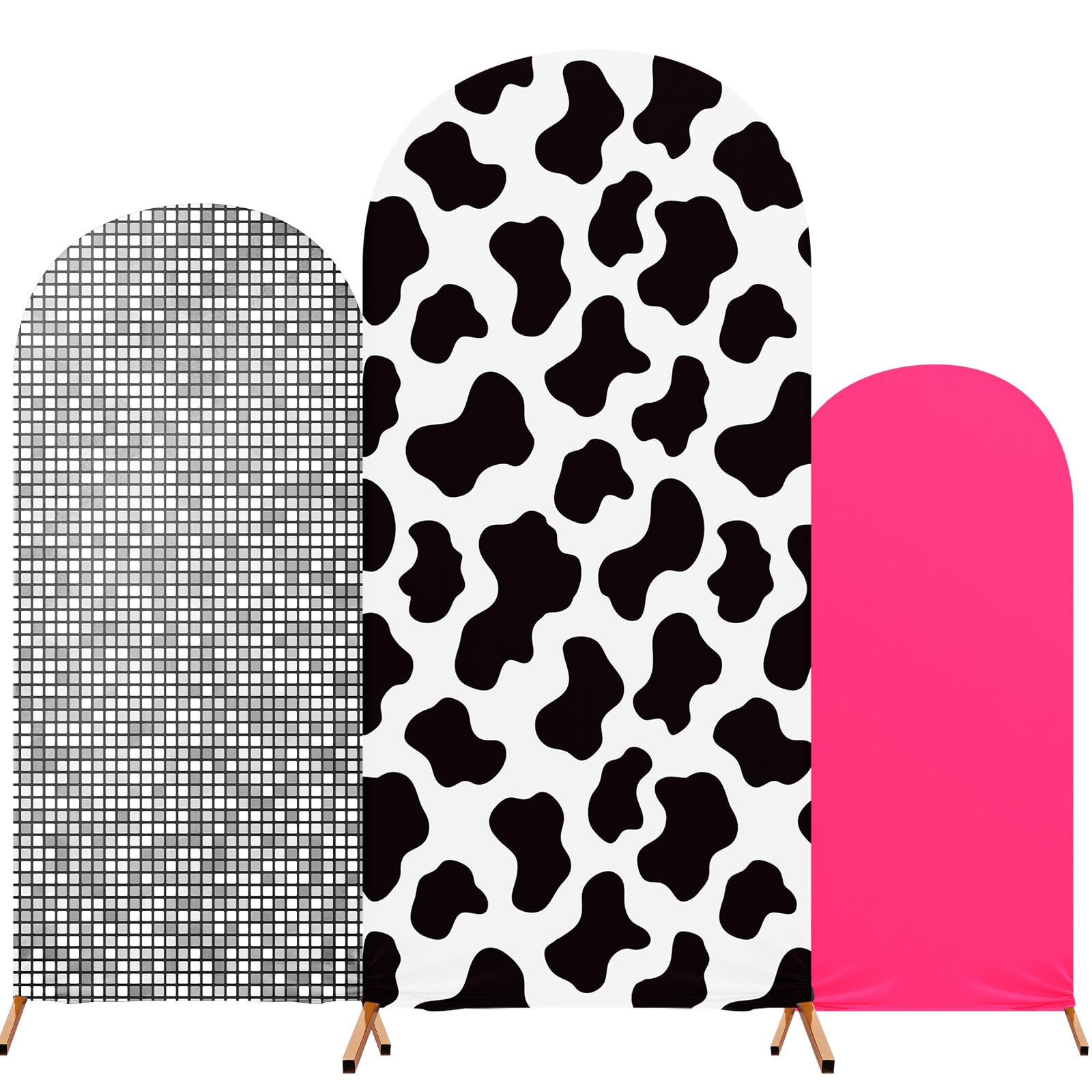 Arch Backdrop Cover Set of 3 Spandex Backdrop Stand Cover Photo Props 4ft, 5ft, 6ft for Birthday Banquet Party Ceremony Decoration (Gray,Disco Cow Theme)