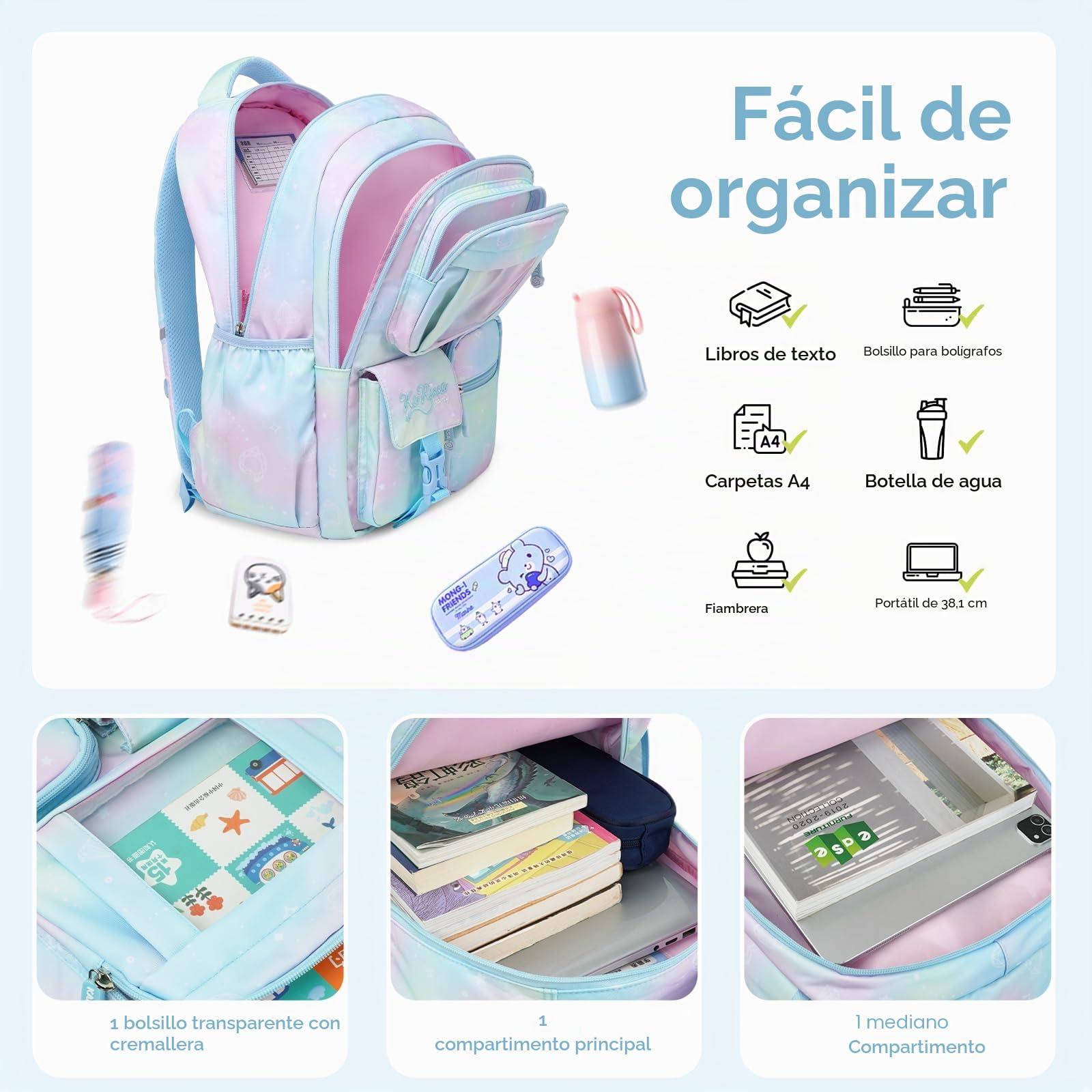 Tanou Conjunto de Mochilas Escolares Niña 3 Piezas, 7-12 Años
