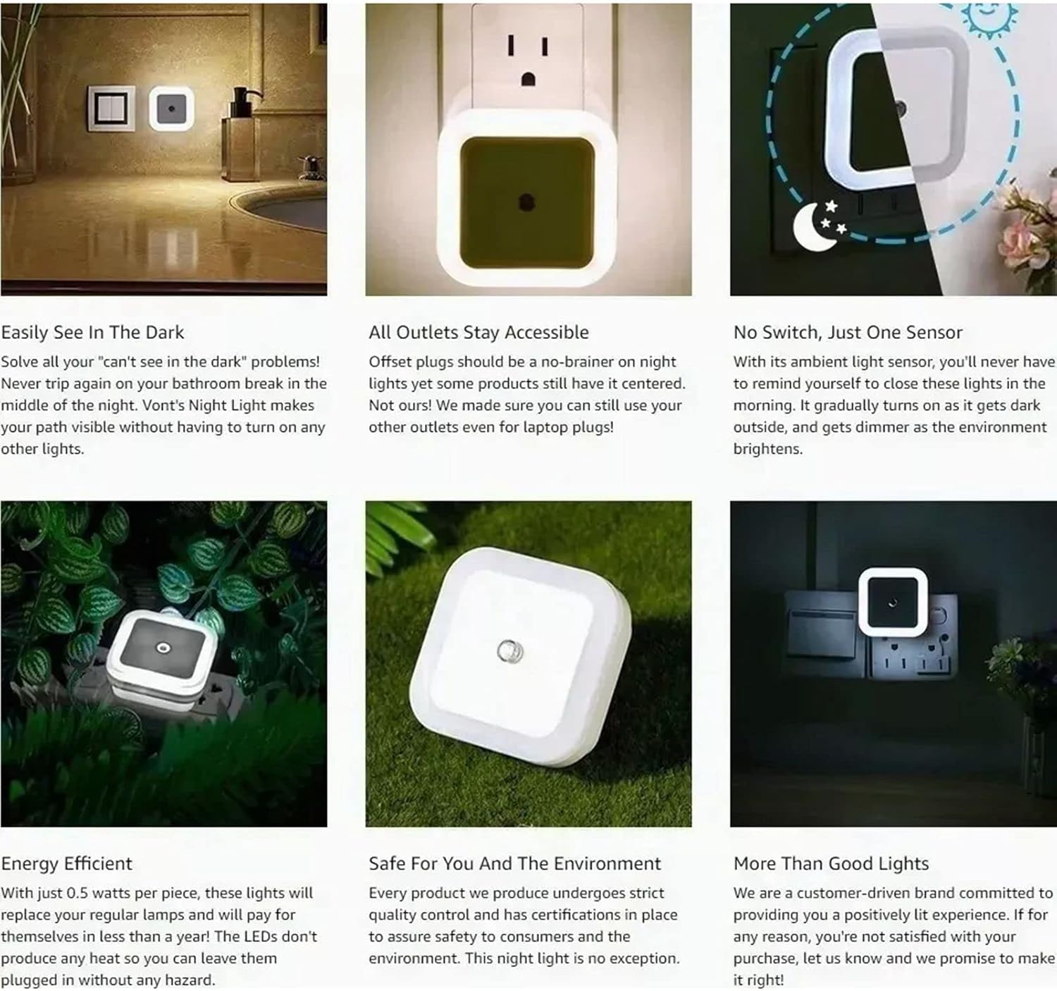 Night Light, Night Lights Plug into Wall,6Pcs Square LED Soft White Color Light Control for Bedroom, Bathroom, Toilet, Stairs, Kitchen